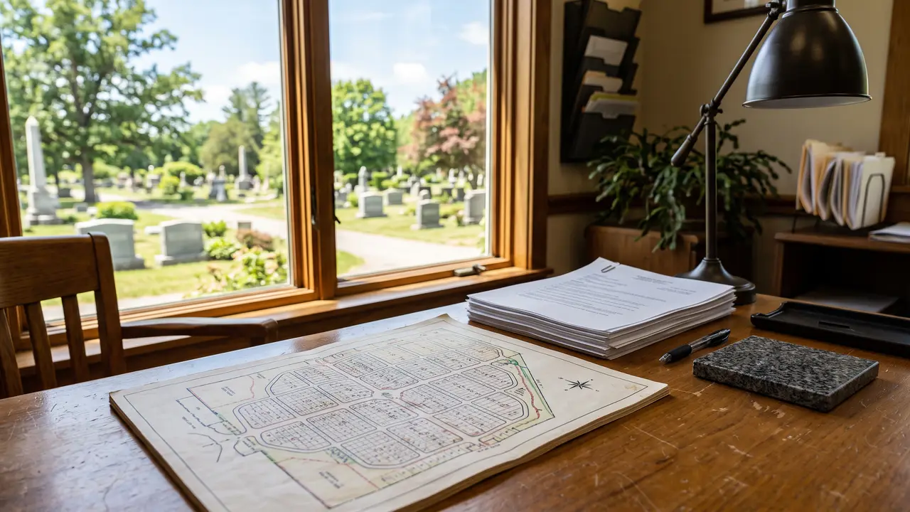 Family reviewing cemetery regulations with a cemetery office representative at a desk