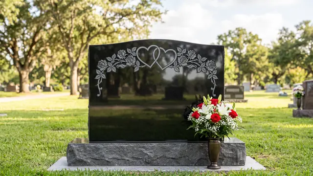 Grey granite companion headstone with two name panels and an engraved heart between them