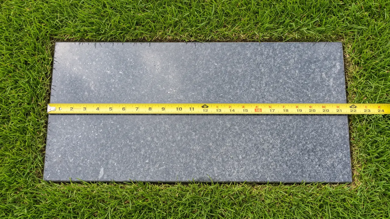 Flat granite grave markers in three sizes laid side by side on grass with a measuring tape