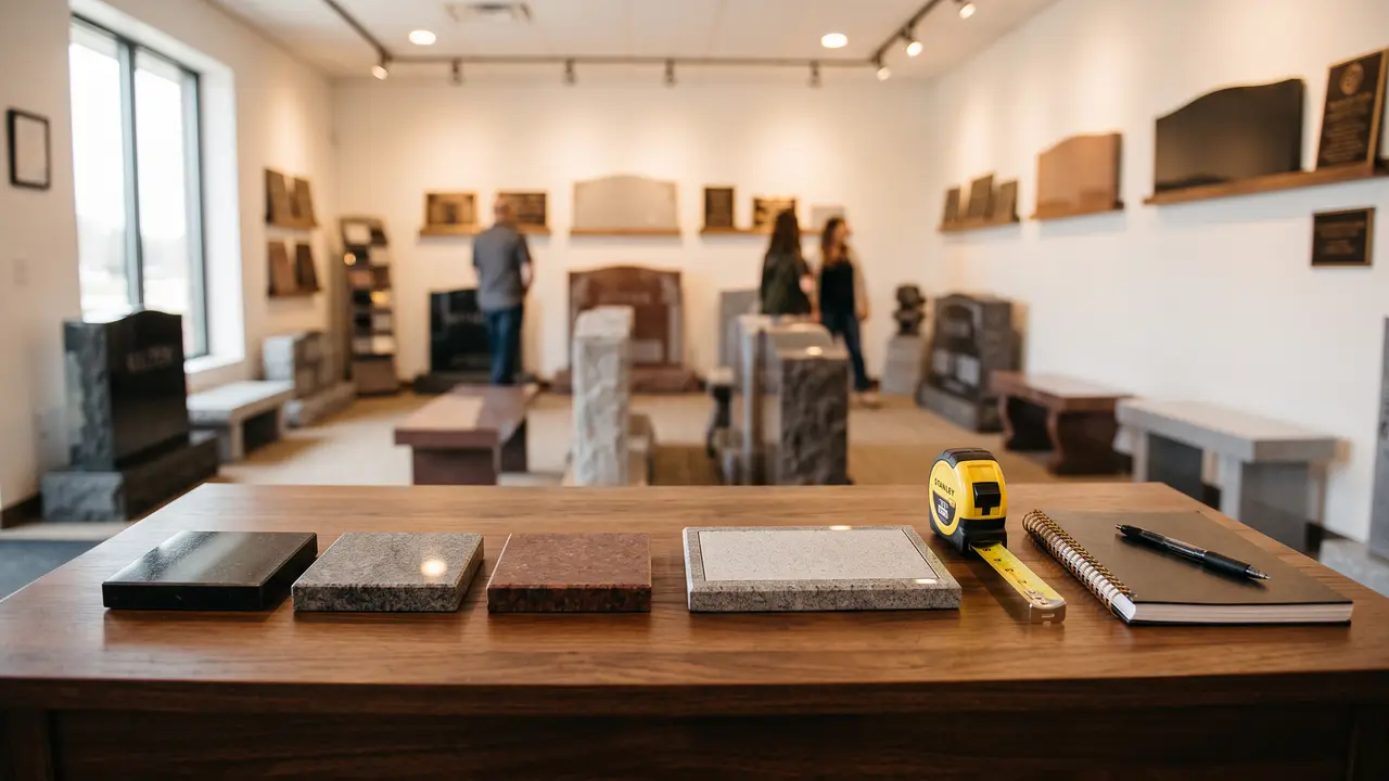 Small granite grave marker samples on a desk with a notepad and calculator for comparing prices