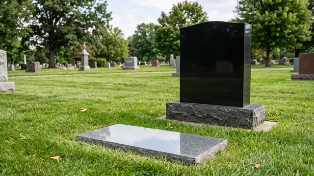 Flat granite grave marker set in a lawn beside an upright granite headstone in a cemetery