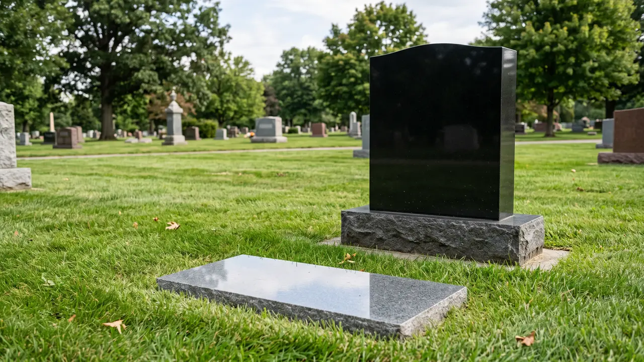 Flat granite grave marker set in a lawn beside an upright granite headstone in a cemetery
