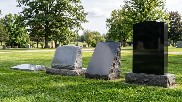 Row of granite memorials showing a flat marker, bevel marker, slant headstone, upright headstone and memorial bench