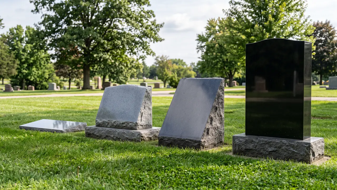 Row of granite memorials showing a flat marker, bevel marker, slant headstone, upright headstone and memorial bench