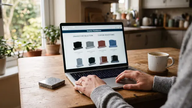 Person at home browsing granite headstones on a laptop with a family photo on the desk
