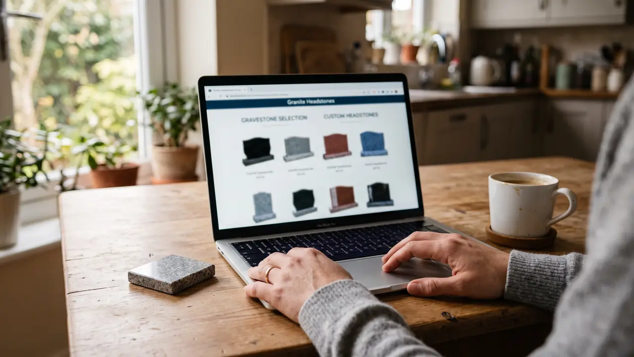 Person at home browsing granite headstones on a laptop with a family photo on the desk