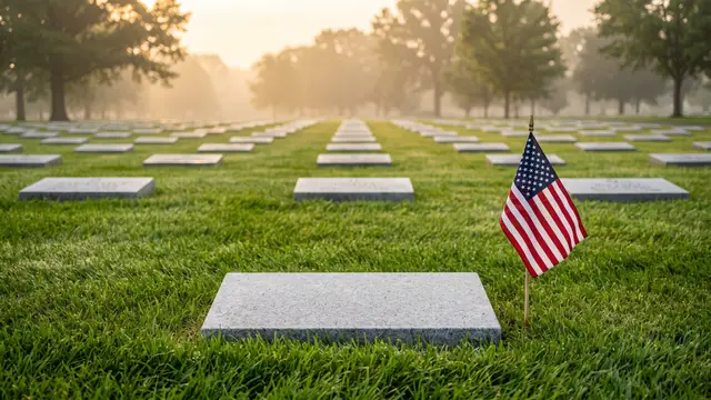 Granite veteran bevel grave marker with an engraved eagle and a small American flag in a cemetery lawn
