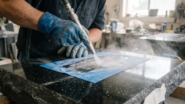 Hands sketching a headstone inscription layout on paper beside a polished granite sample