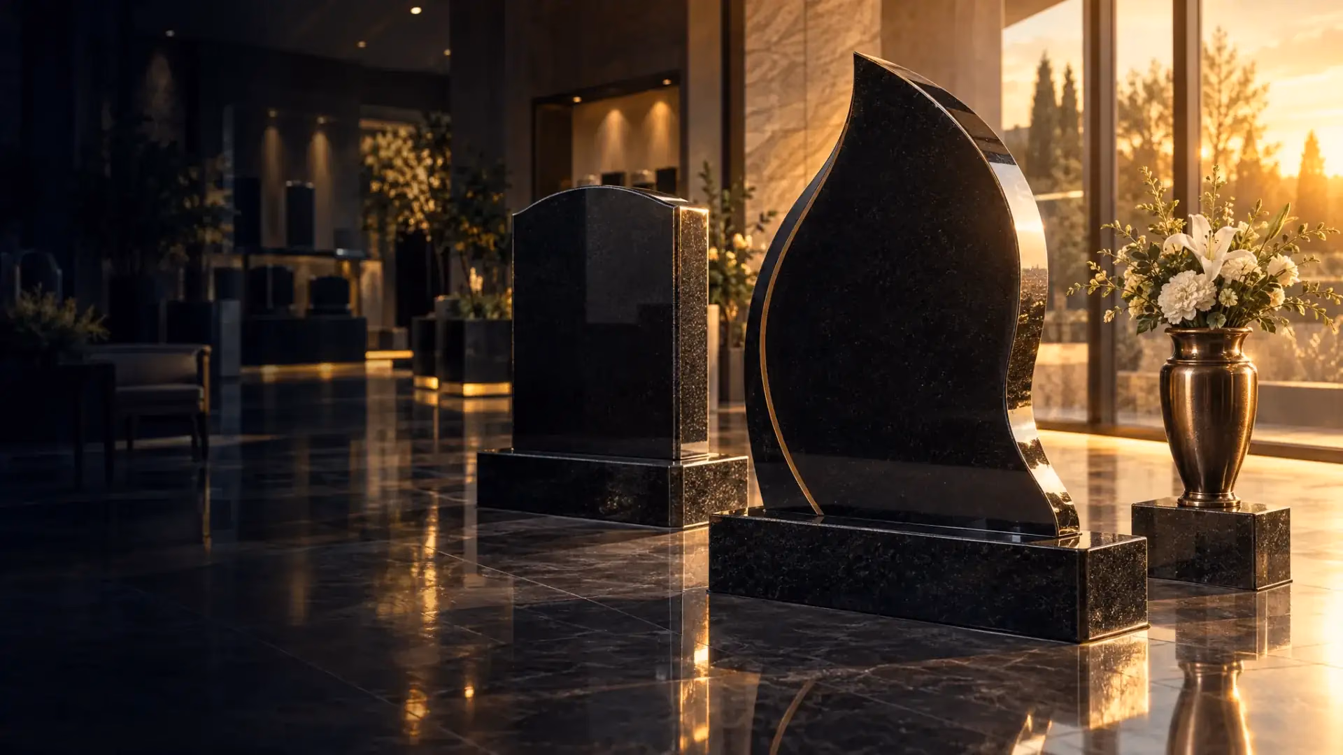 Polished black granite memorials and a bronze vase in a sunlit showroom