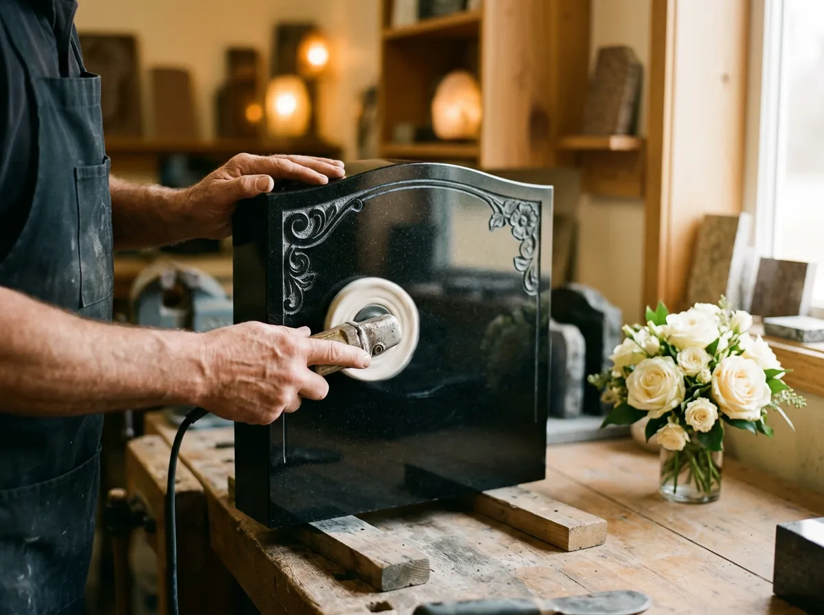 Craftsman hand-polishing a black granite headstone beside fresh roses in a warm memorial workshop