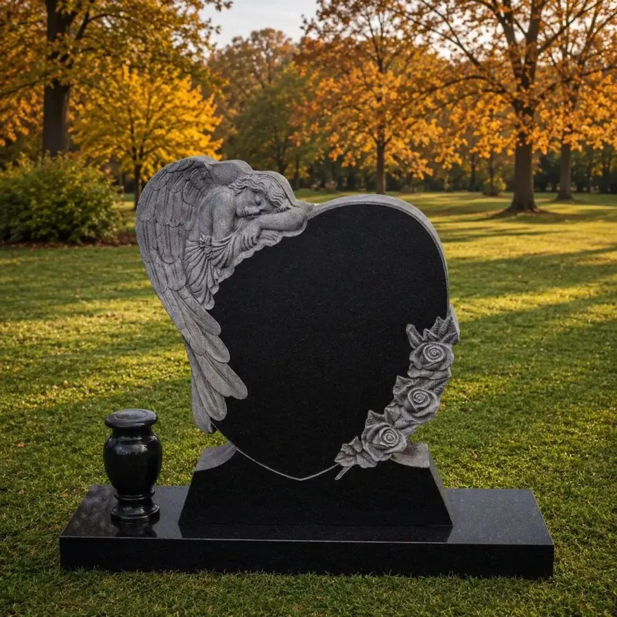 Angel Embrace Heart Upright Granite Headstone with Vase 27 x 5 x 39