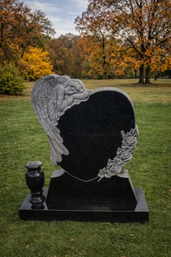Angel Embrace Heart Upright Granite Headstone with Vase 28 x 5 x 40