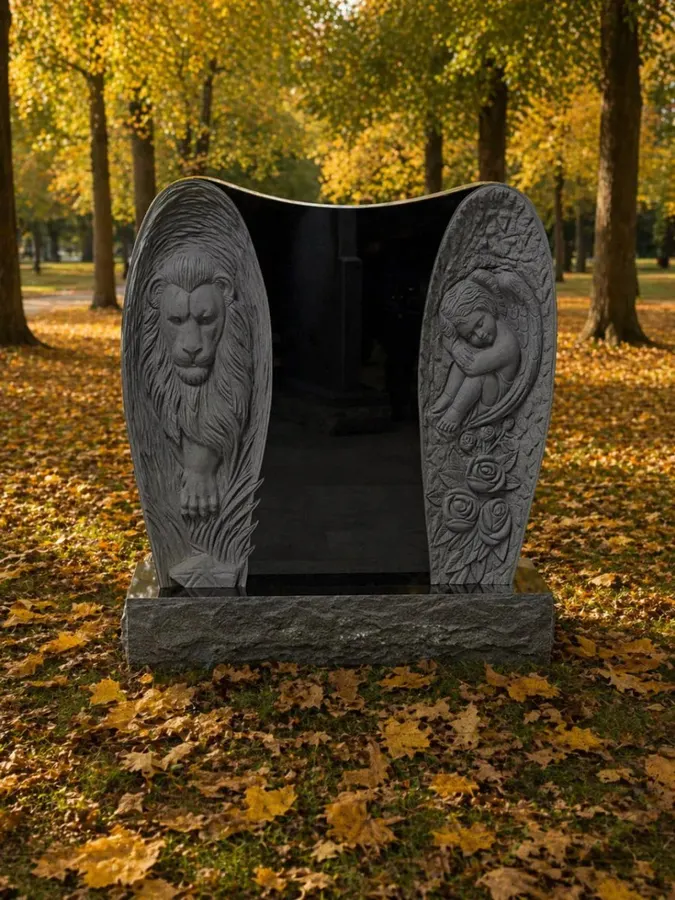 Angel & Lion Winged Upright Granite Headstone