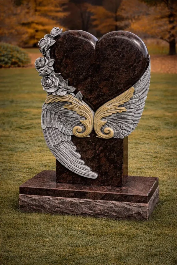 Angel Wings Heart Granite Headstone