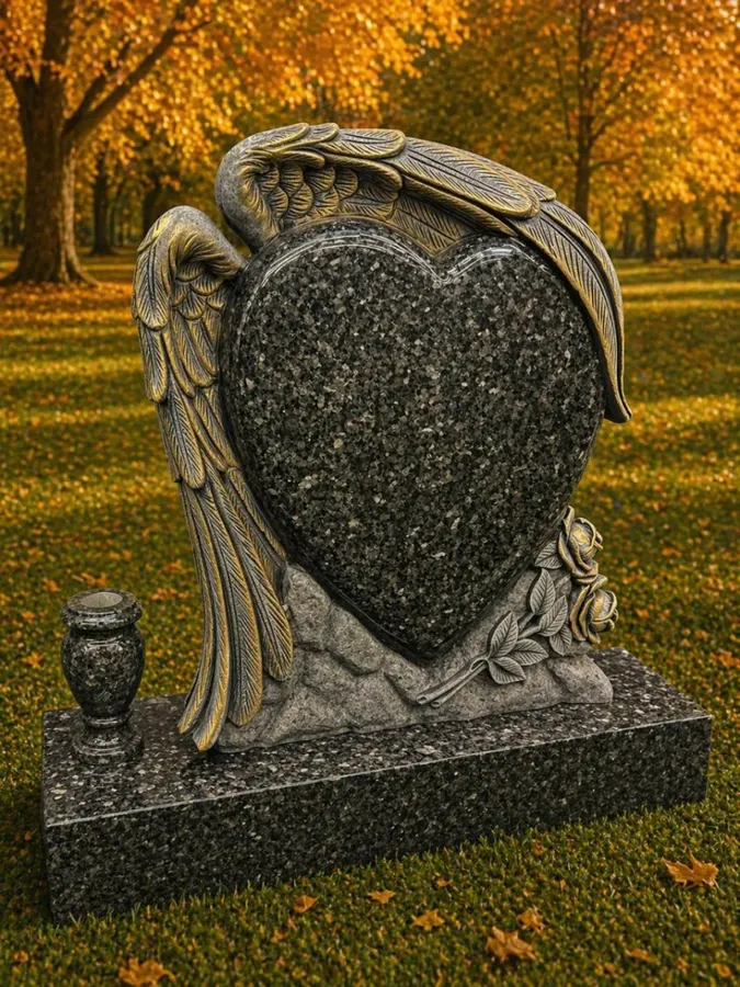 Angel Wings Heart Headstone with Rose Detail