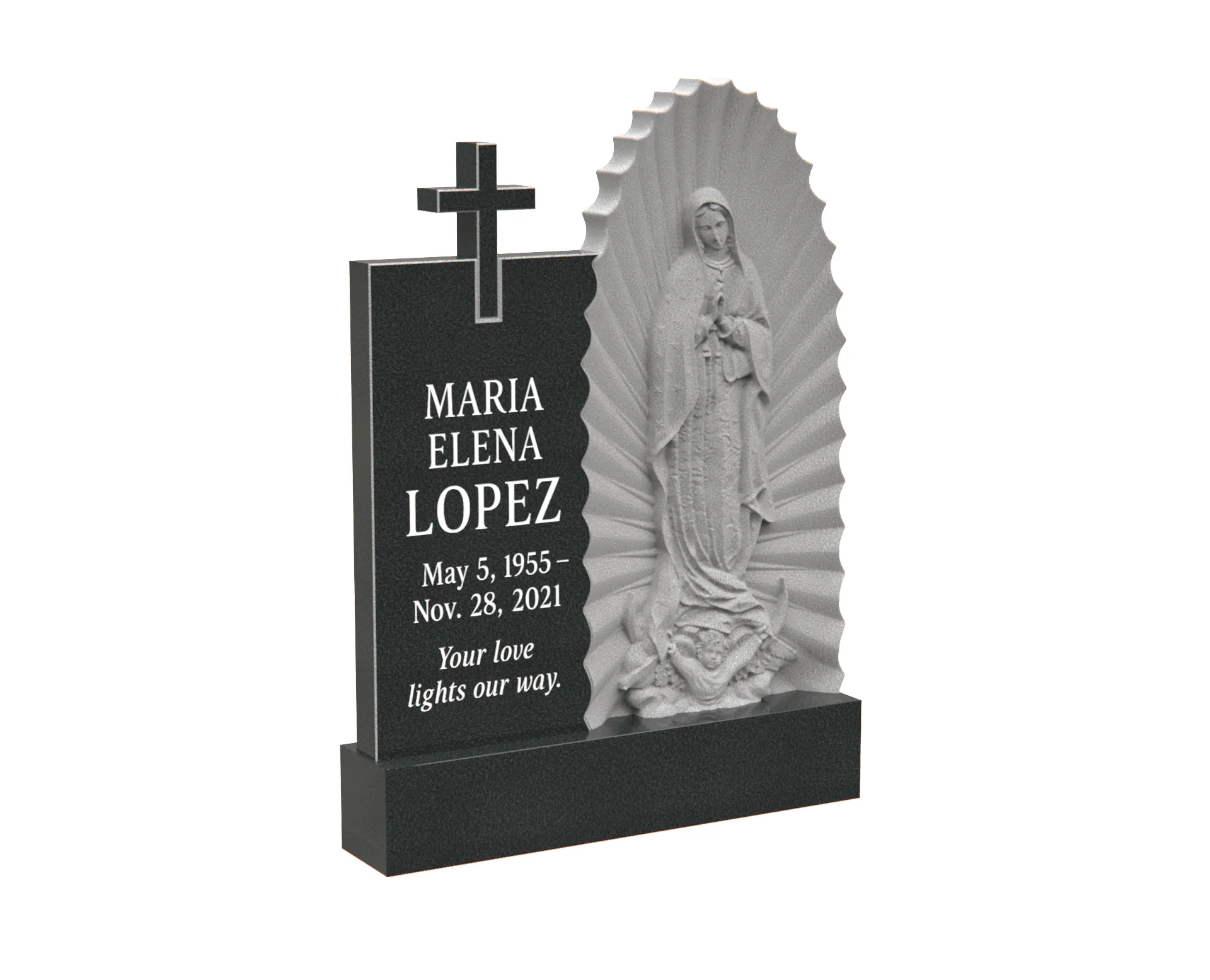 Upright Catholic Granite Headstone with Virgin Mary Statue