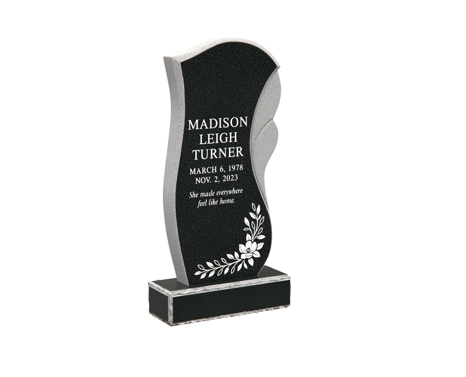 Modern Wave-Shape Upright Granite Headstone with Floral Design