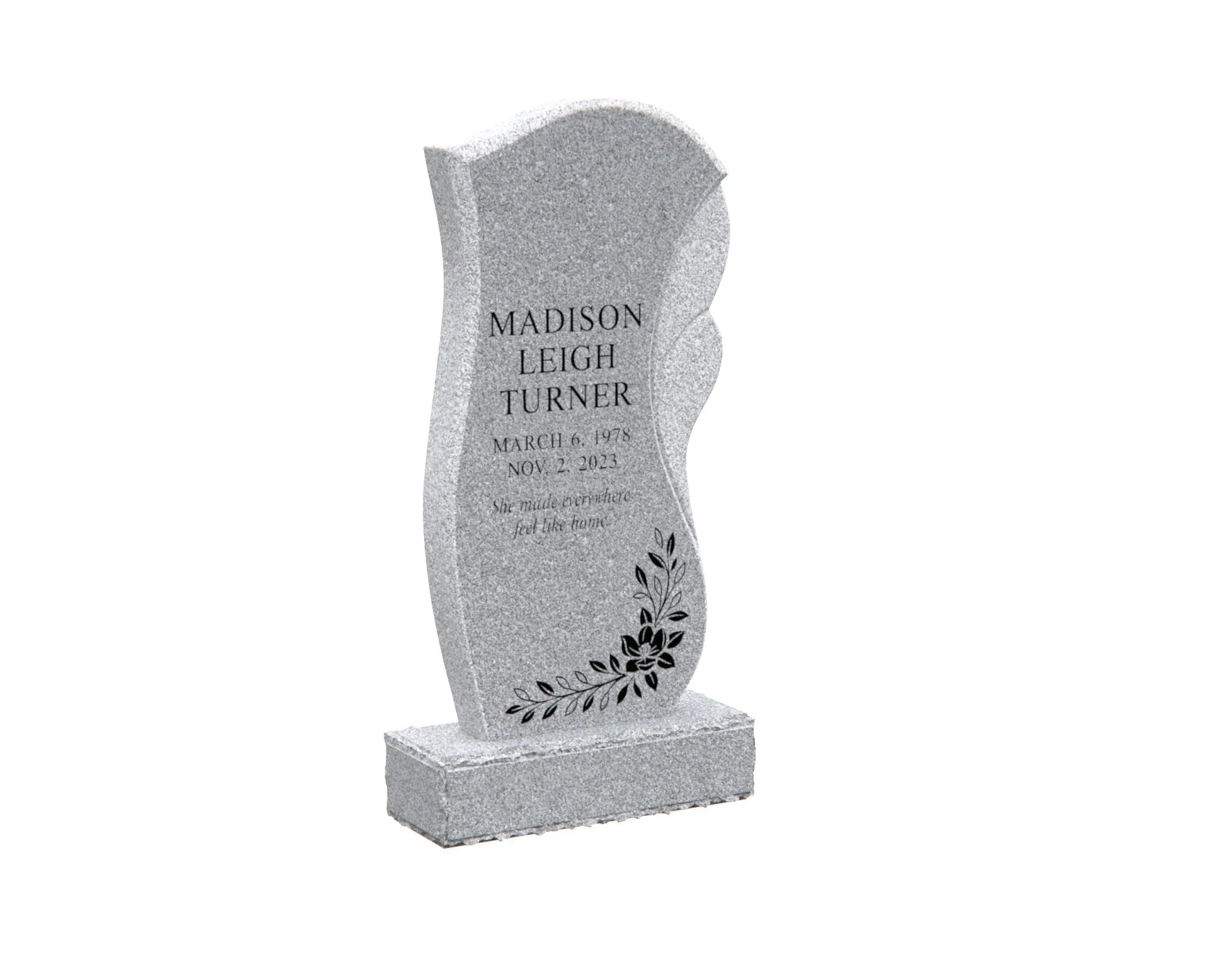 Show photo 2 of 4: Modern Wave-Shape Upright Granite Headstone with Floral Design