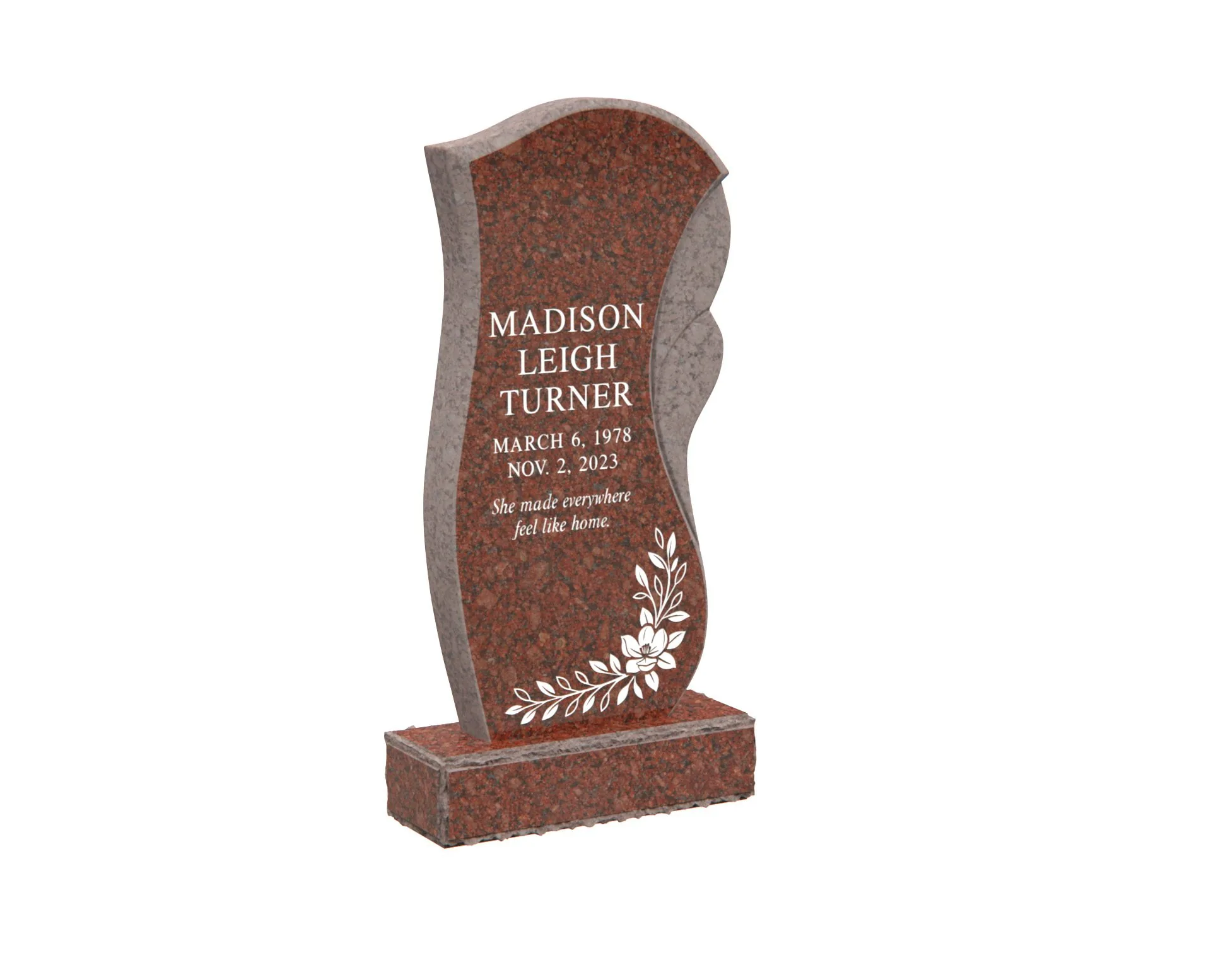 Show photo 3 of 4: Modern Wave-Shape Upright Granite Headstone with Floral Design