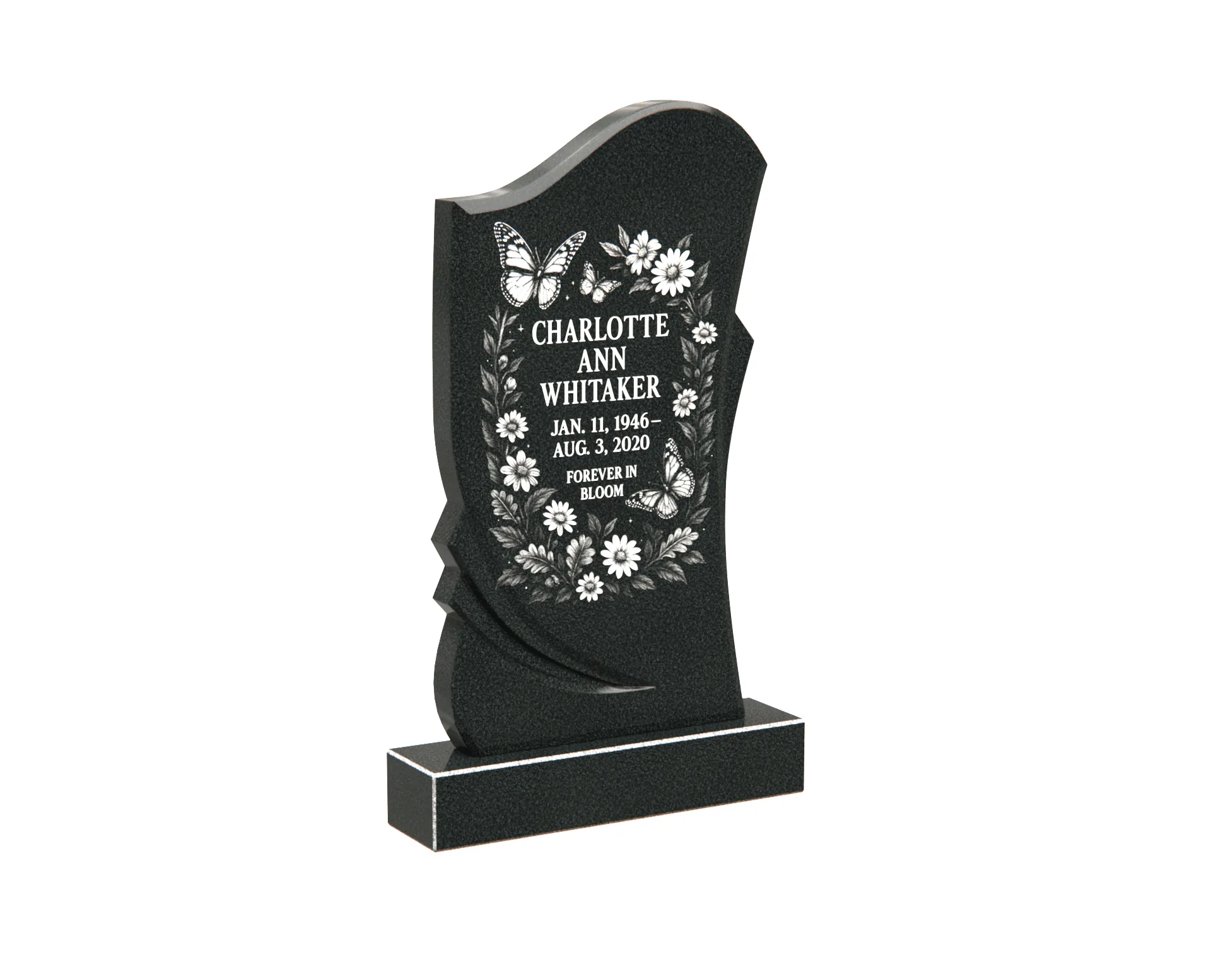 Upright Floral Granite Headstone with Butterflies