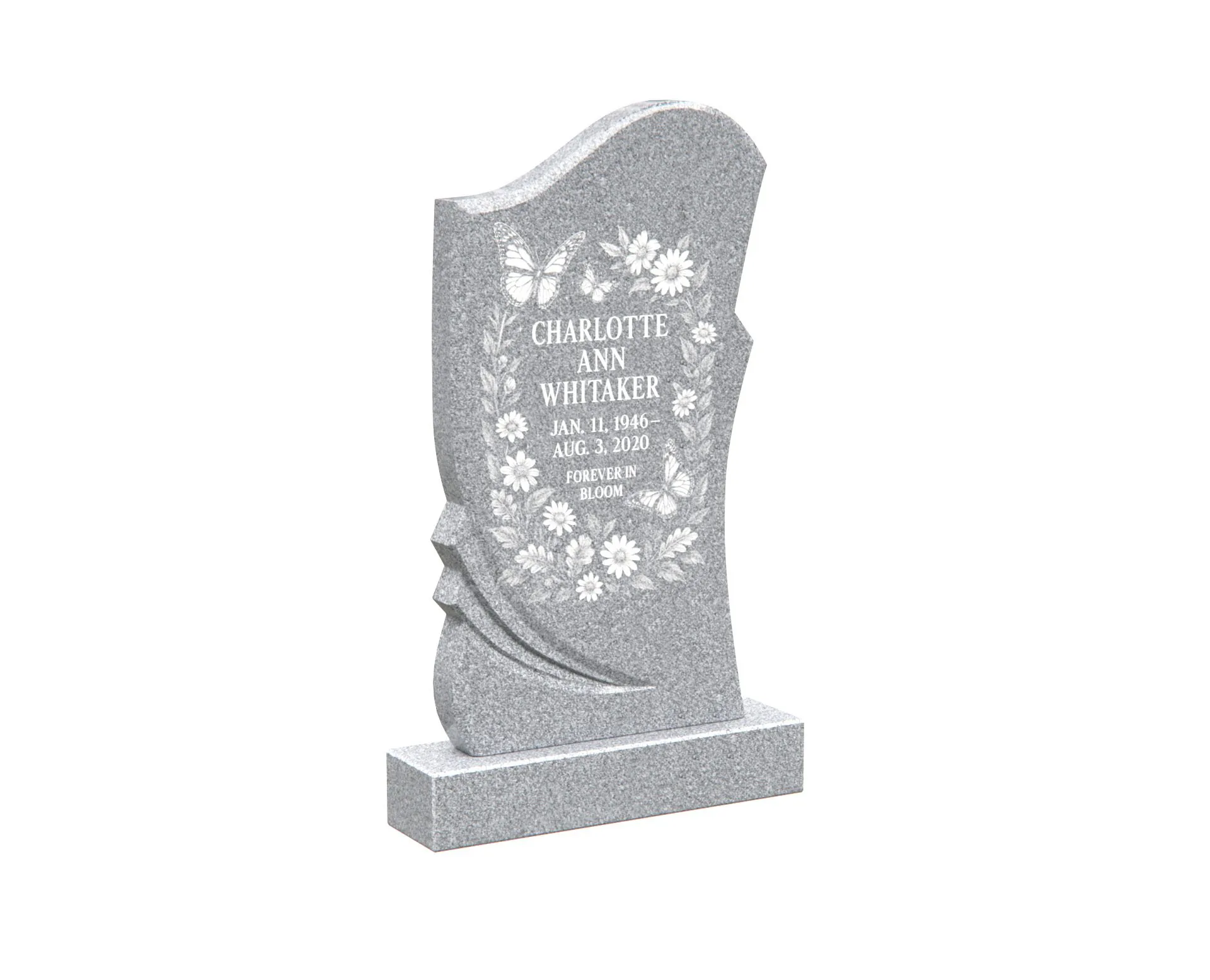 Show photo 2 of 4: Upright Floral Granite Headstone with Butterflies