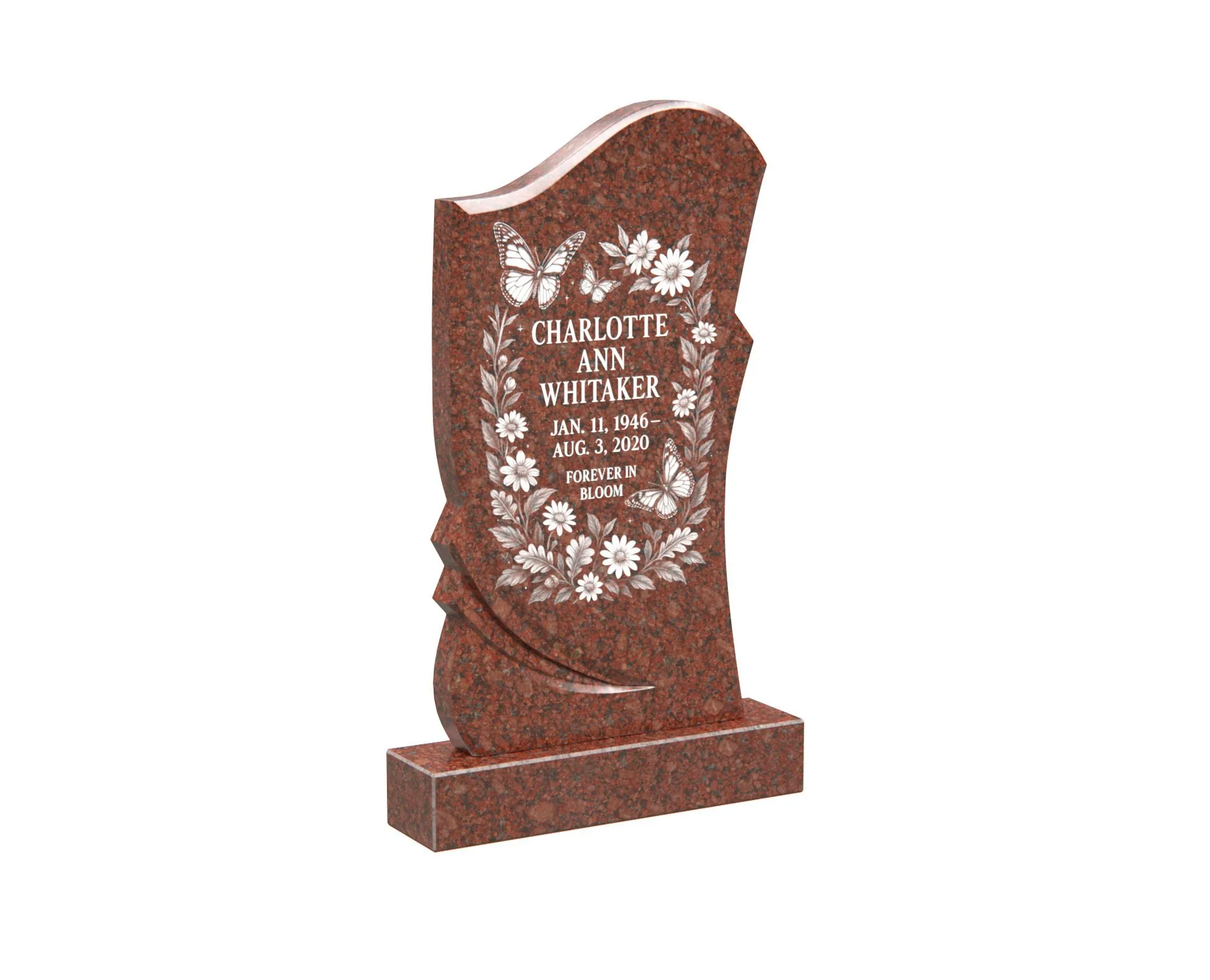 Show photo 3 of 4: Upright Floral Granite Headstone with Butterflies