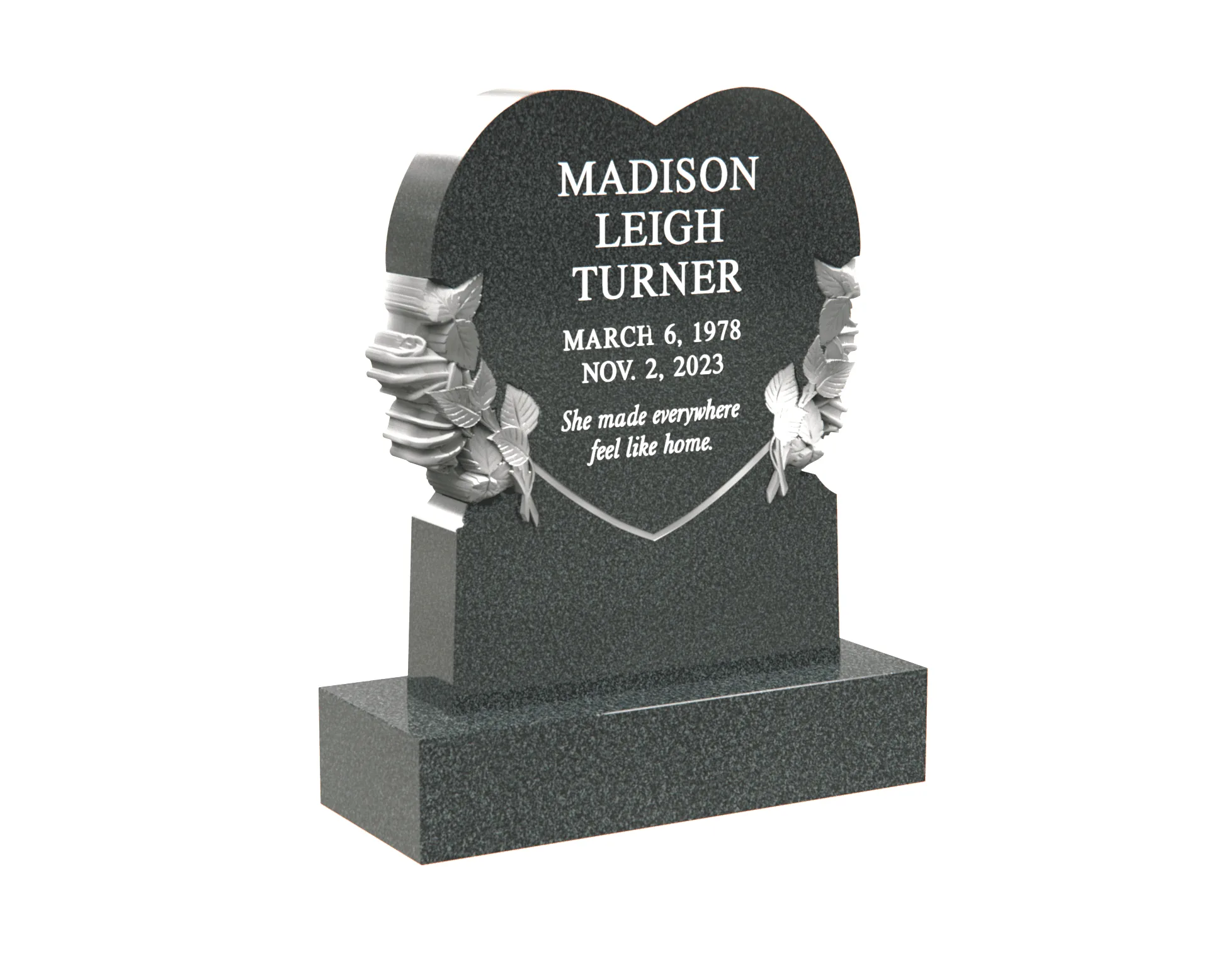 Heart-Shaped Upright Granite Headstone with Carved Roses