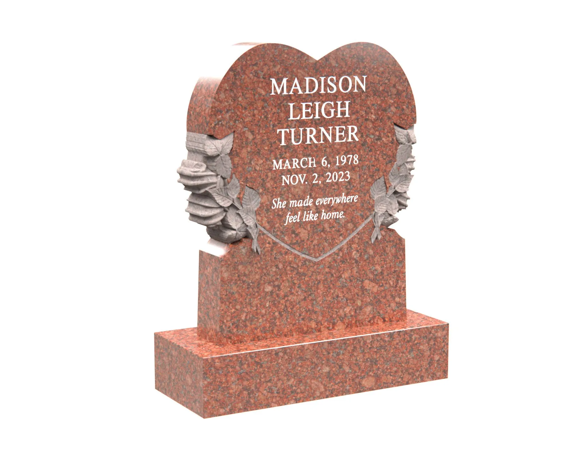 Show photo 3 of 4: Heart-Shaped Upright Granite Headstone with Carved Roses