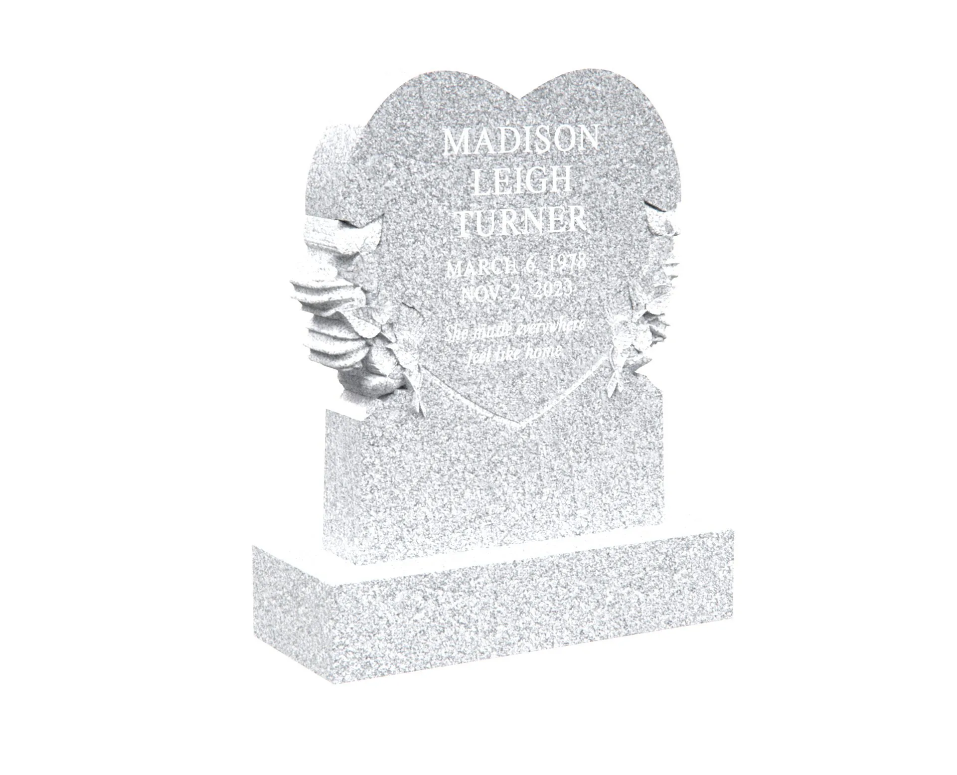 Show photo 2 of 4: Heart-Shaped Upright Granite Headstone with Carved Roses