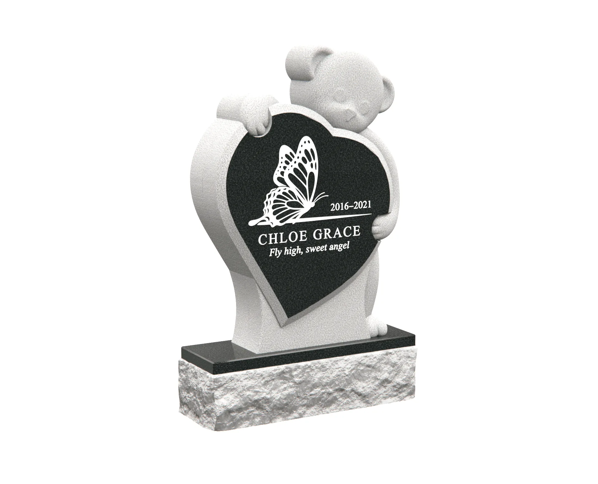 Children’s Heart-Shaped Headstone with Teddy Bear and Butterfly