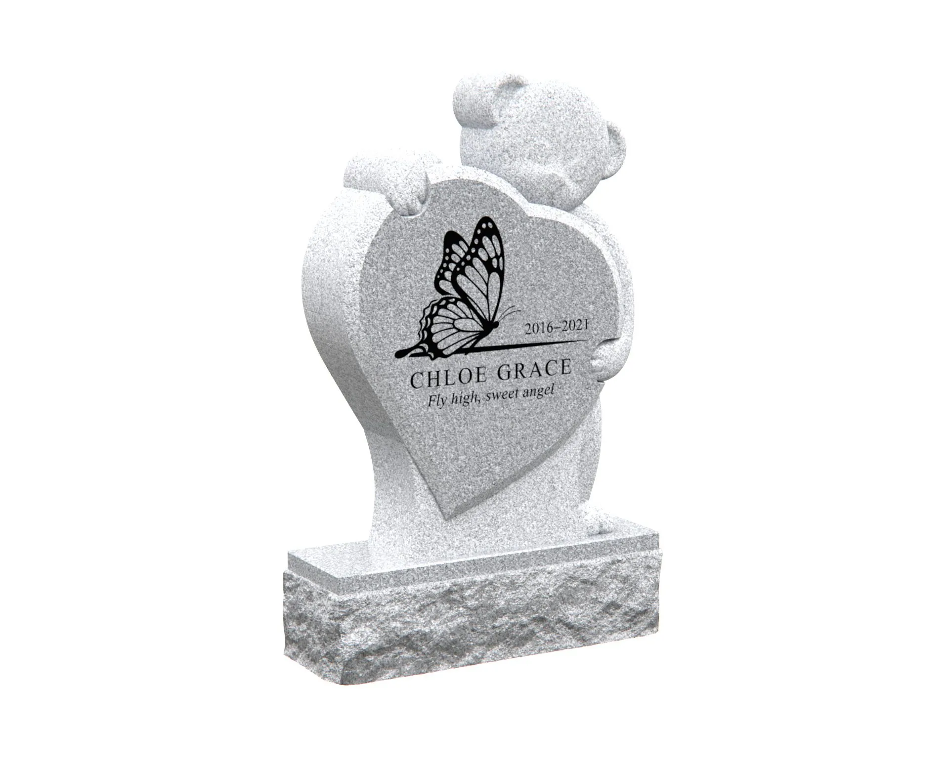 Show photo 2 of 4: Children’s Heart-Shaped Headstone with Teddy Bear and Butterfly