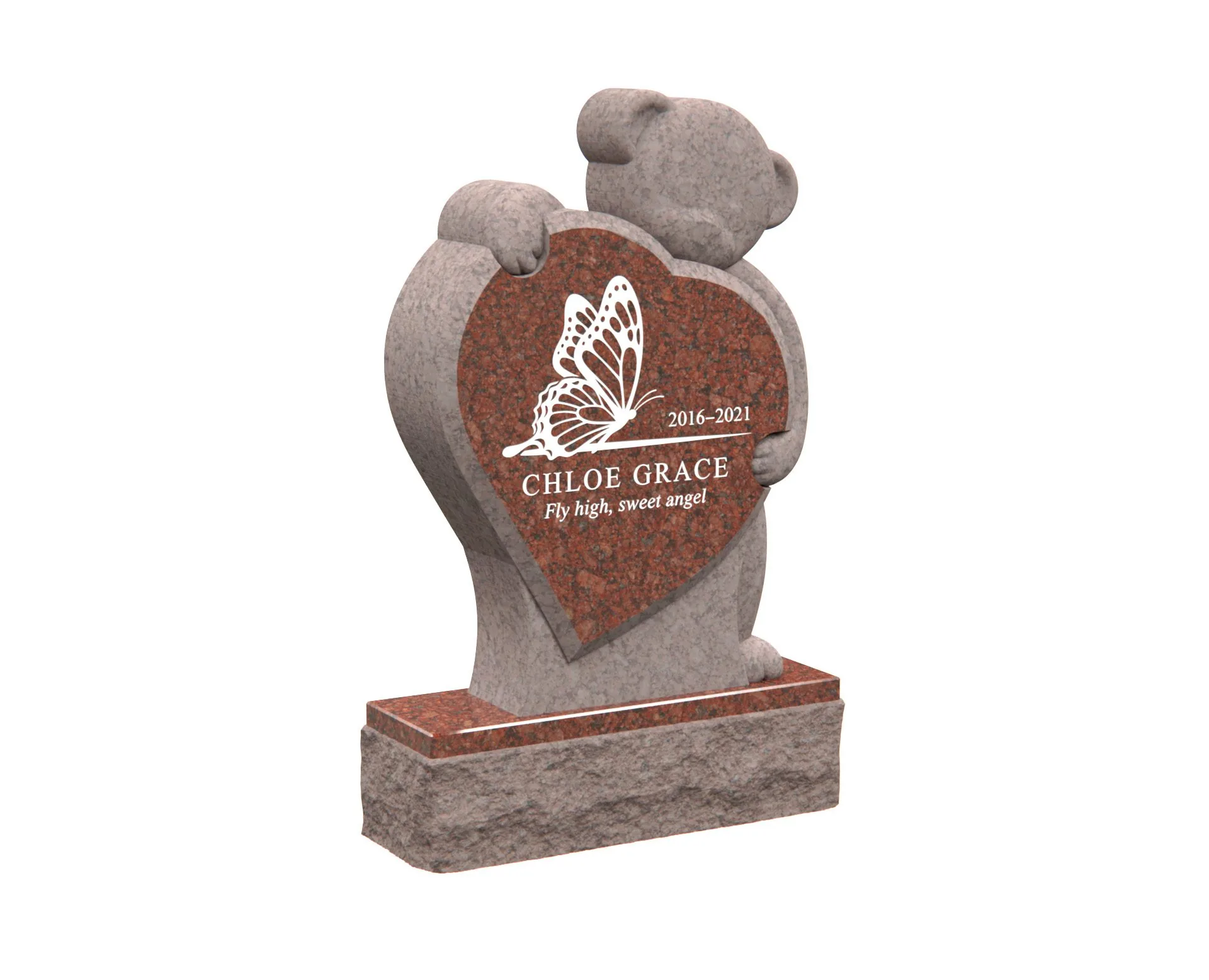 Show photo 3 of 4: Children’s Heart-Shaped Headstone with Teddy Bear and Butterfly