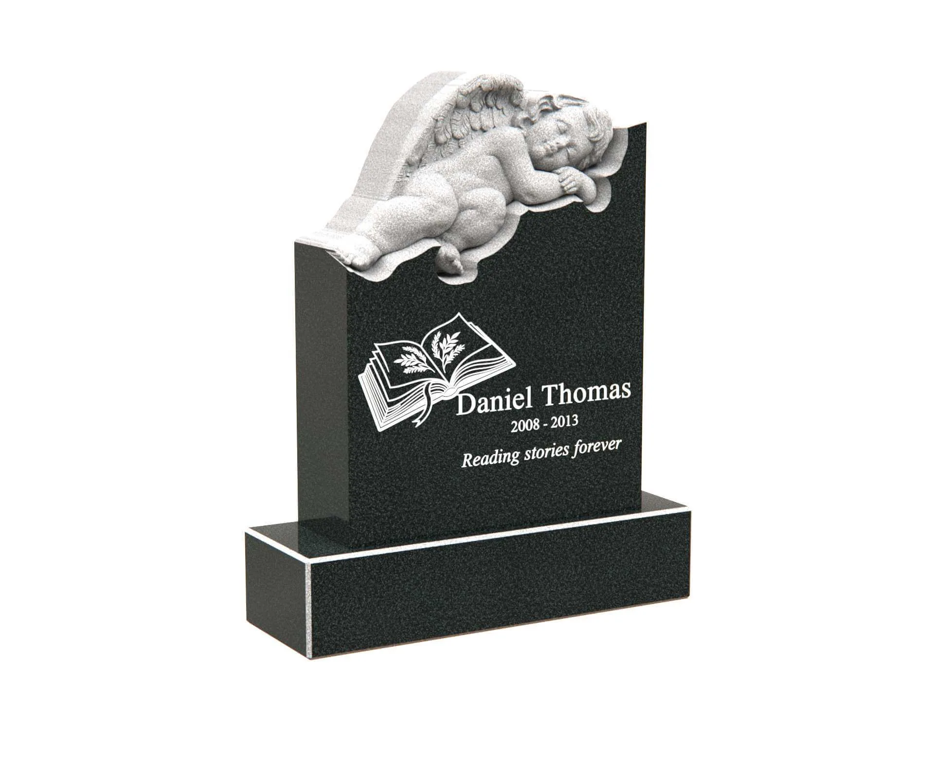 Upright Child Granite Headstone with Sleeping Angel and Book Design