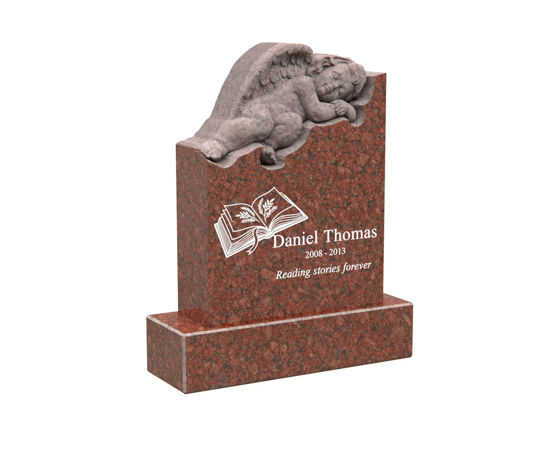 Show photo 3 of 4: Upright Child Granite Headstone with Sleeping Angel and Book Design