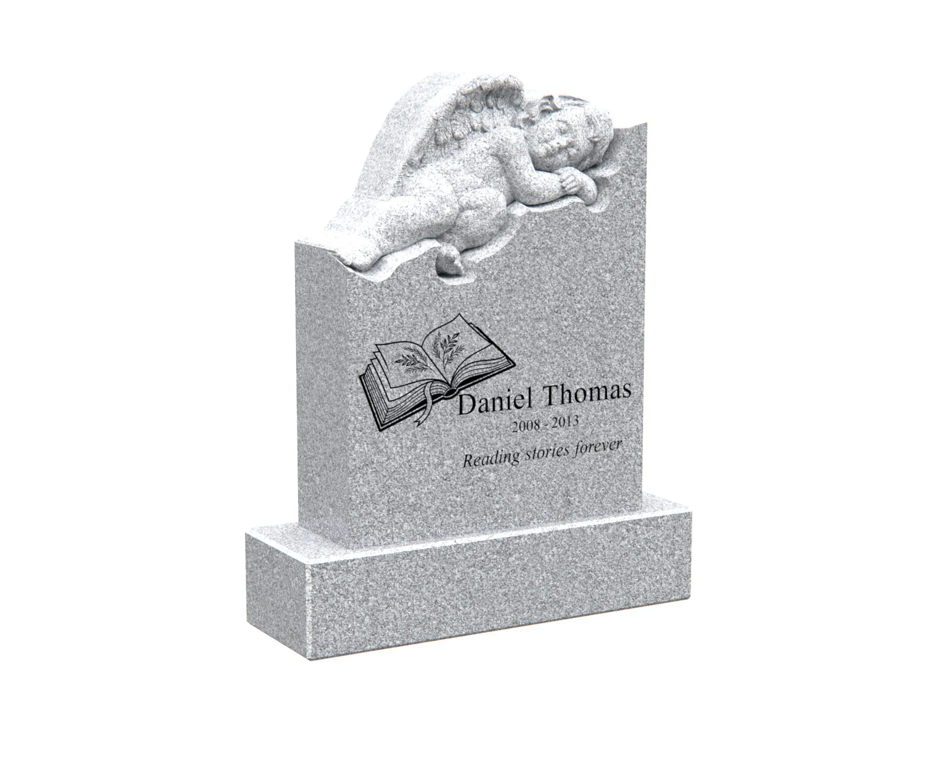 Show photo 2 of 4: Upright Child Granite Headstone with Sleeping Angel and Book Design