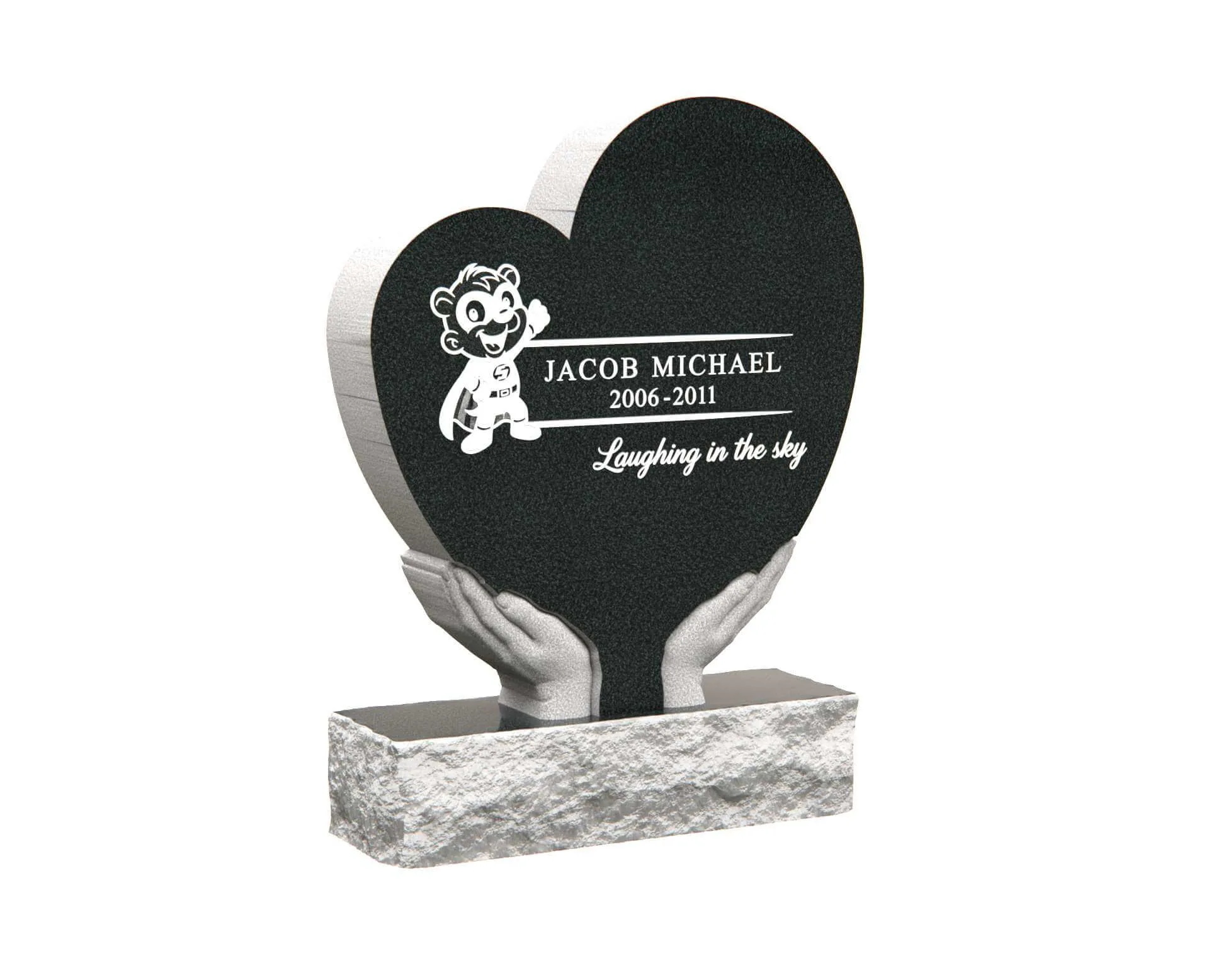 Children’s Heart Upright Granite Headstone with Hands Design