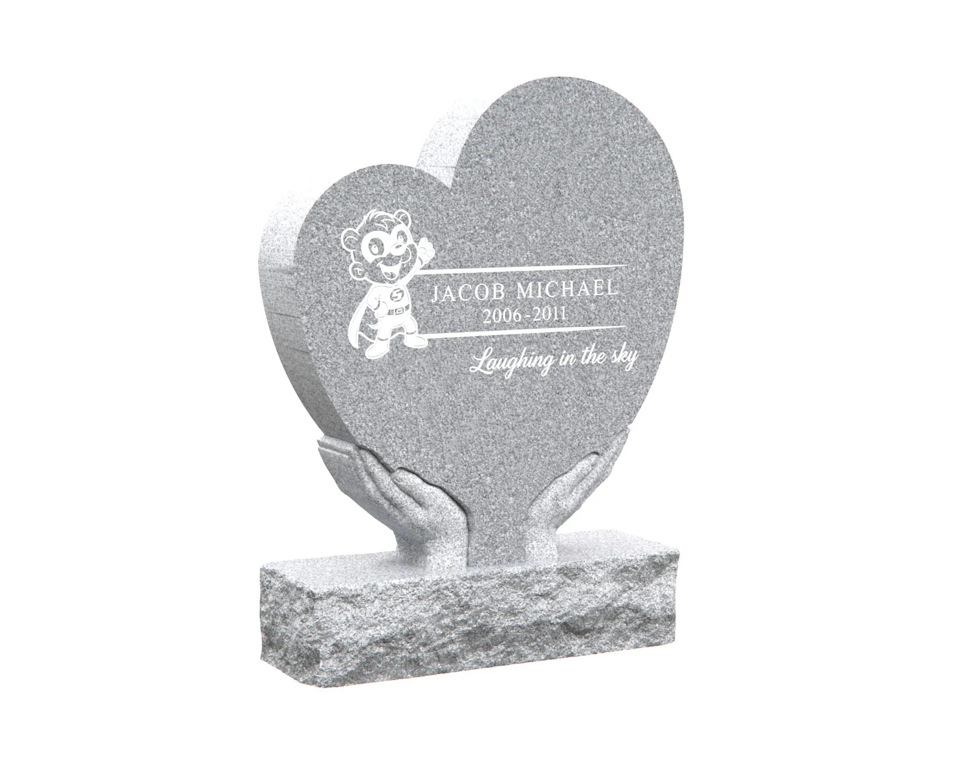 Show photo 2 of 4: Children’s Heart Upright Granite Headstone with Hands Design