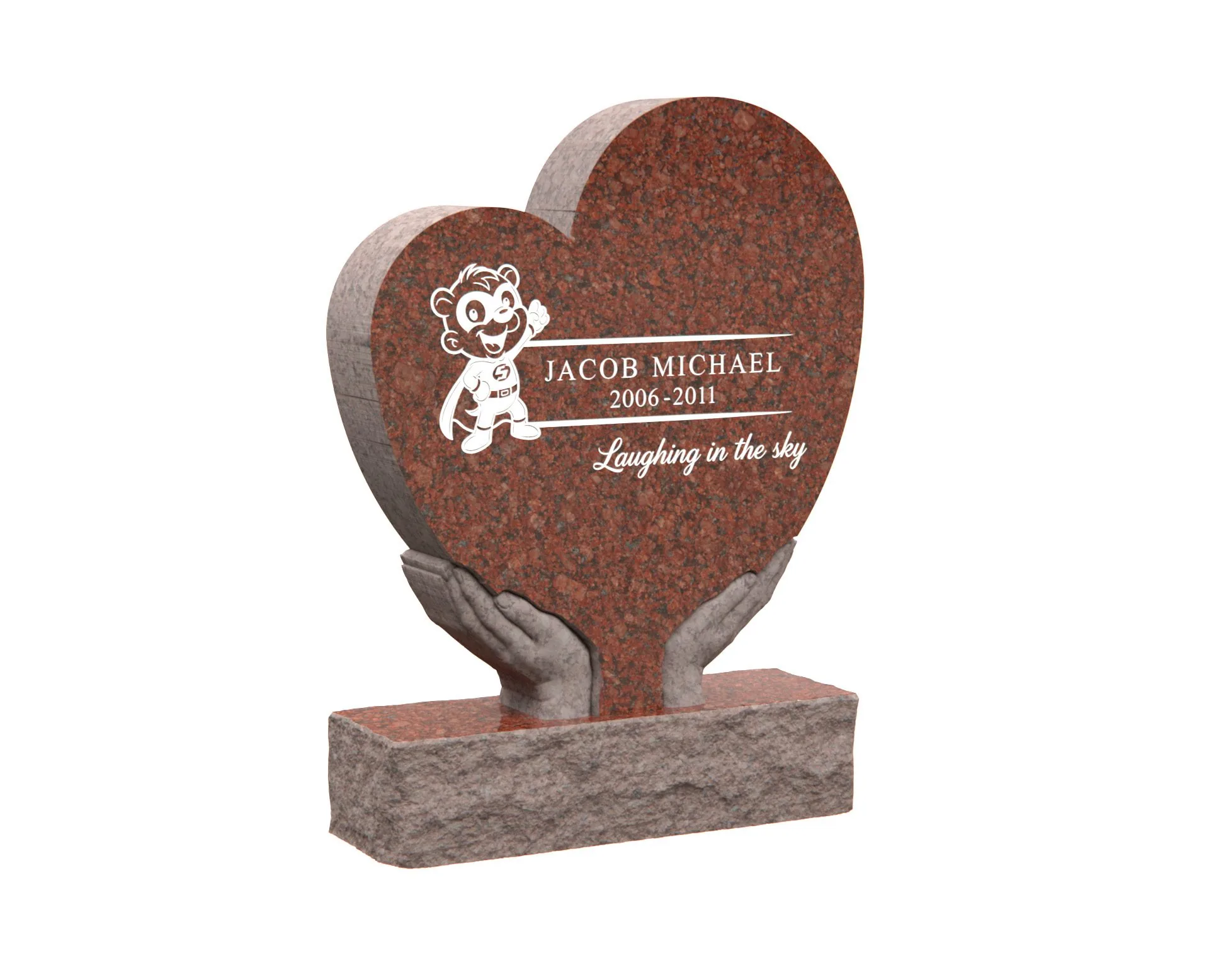 Show photo 3 of 4: Children’s Heart Upright Granite Headstone with Hands Design