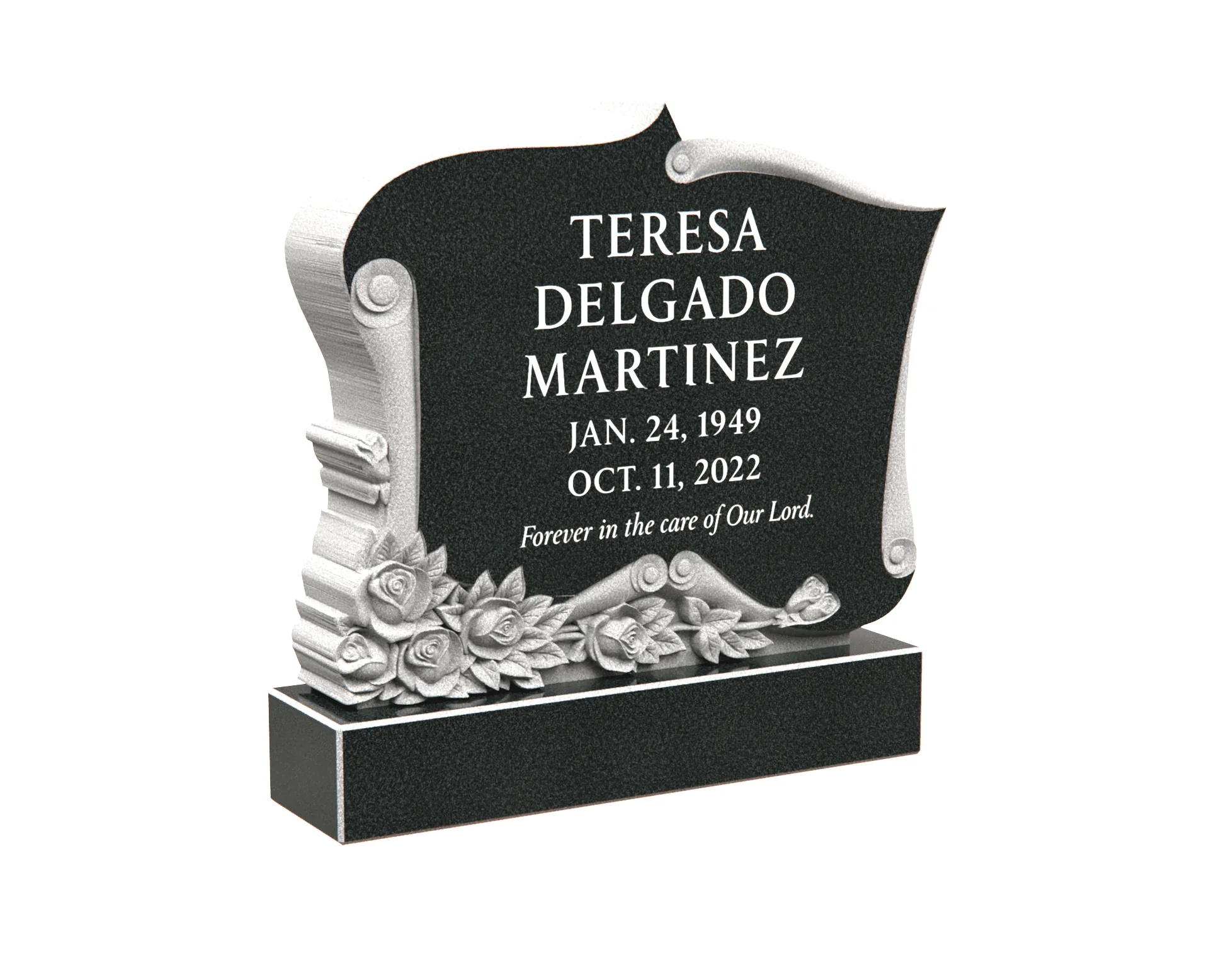 Granite Headstone with Hand-Carved Rose and Scroll Design