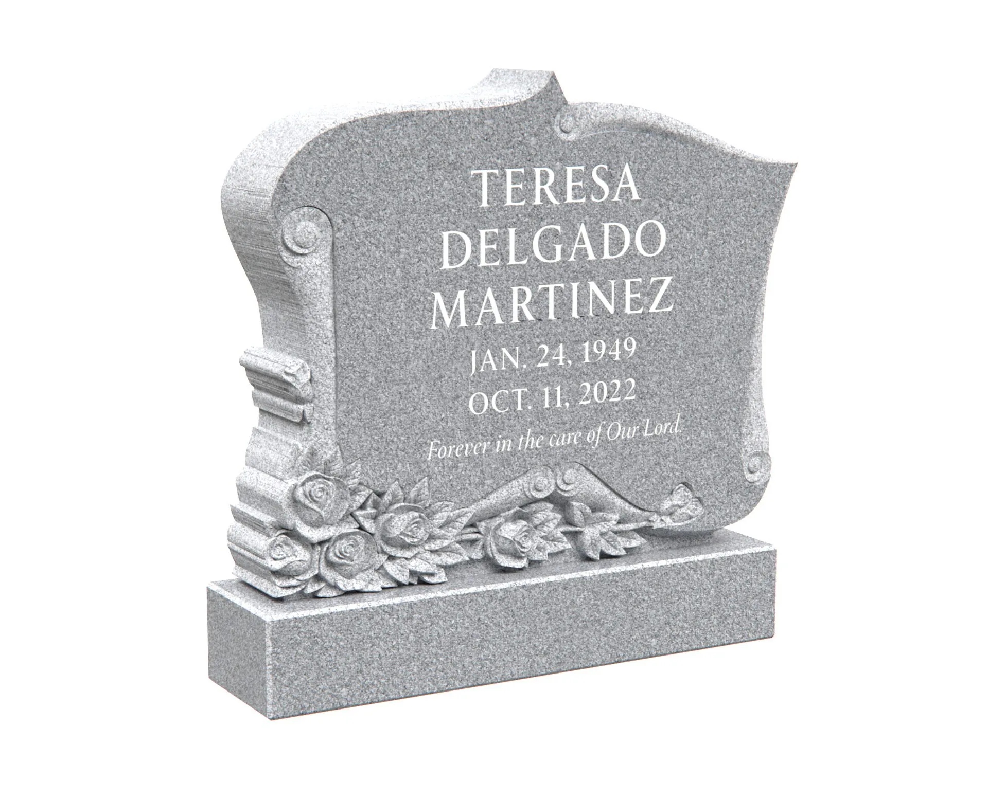 Show photo 2 of 4: Granite Headstone with Hand-Carved Rose and Scroll Design