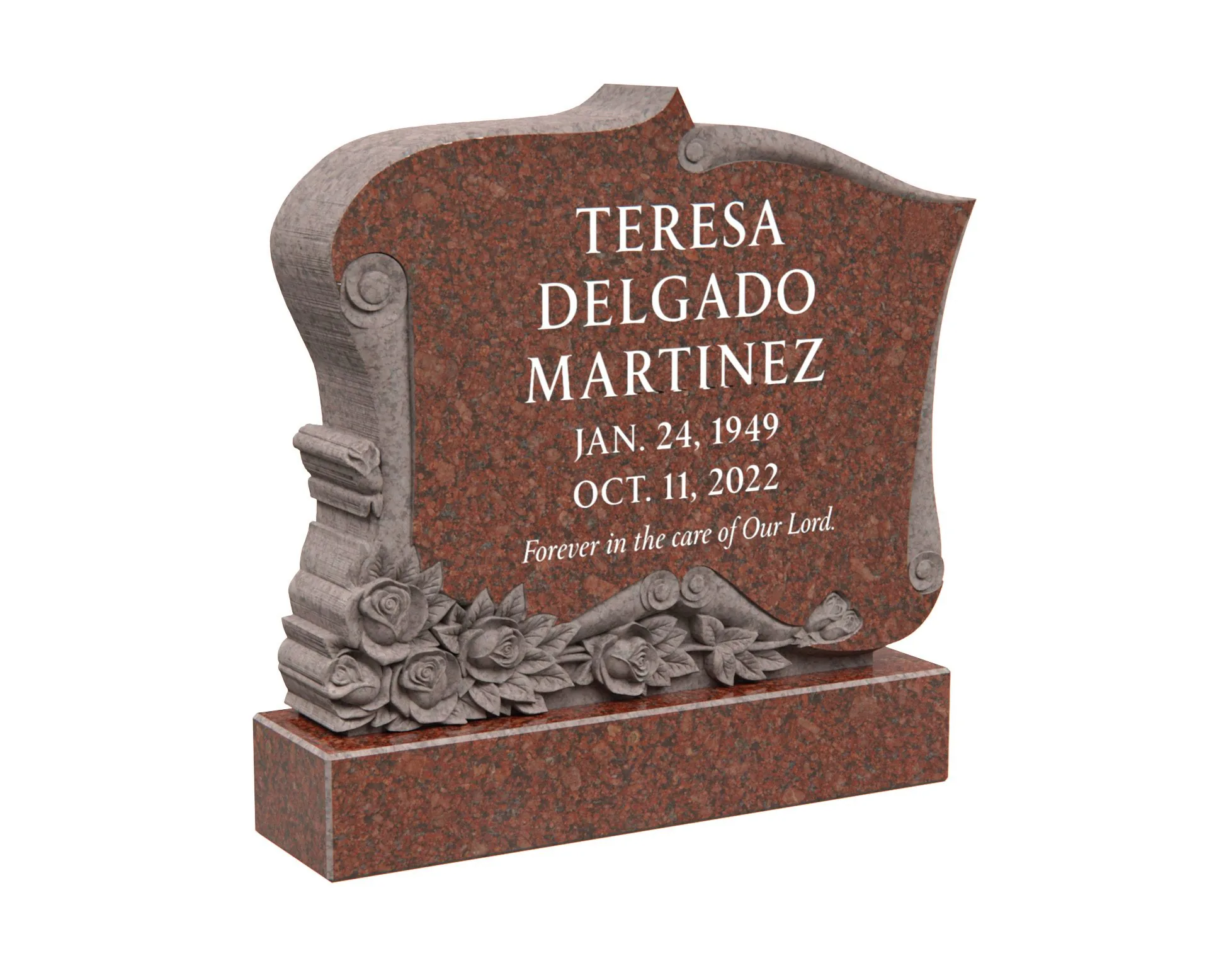 Show photo 3 of 4: Granite Headstone with Hand-Carved Rose and Scroll Design