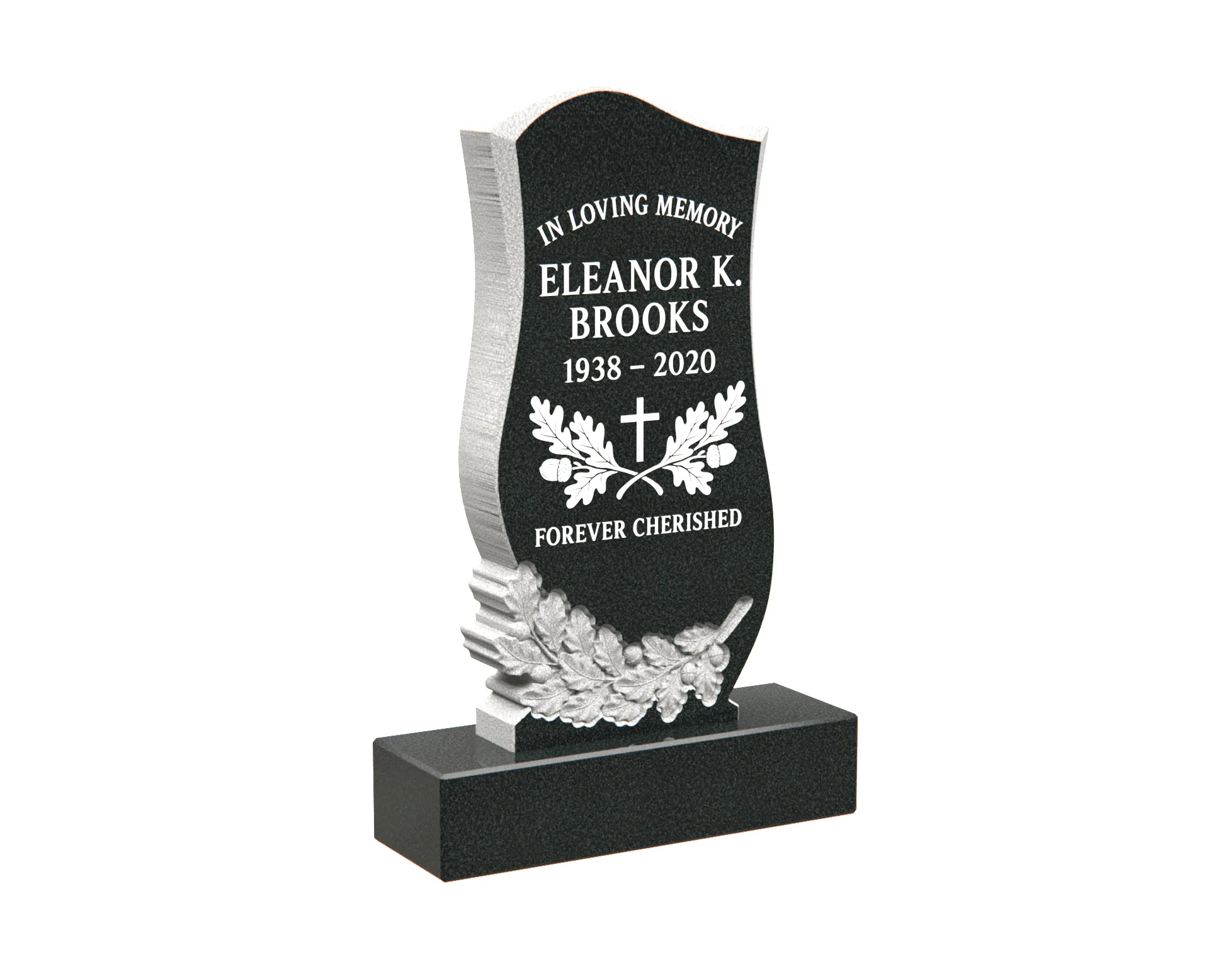 Elegant Upright Granite Headstone with Carved Leaves and Cross