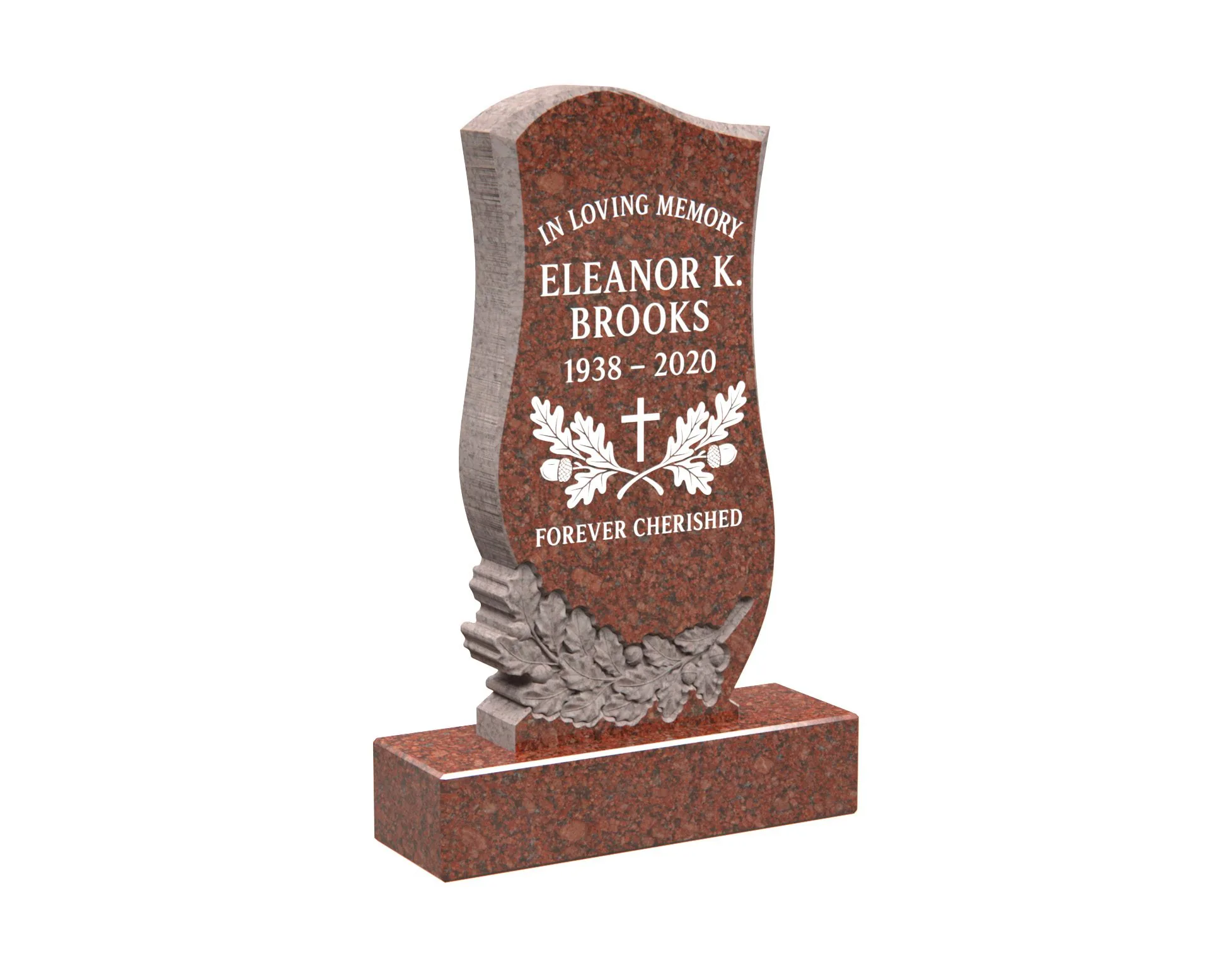 Show photo 3 of 4: Elegant Upright Granite Headstone with Carved Leaves and Cross