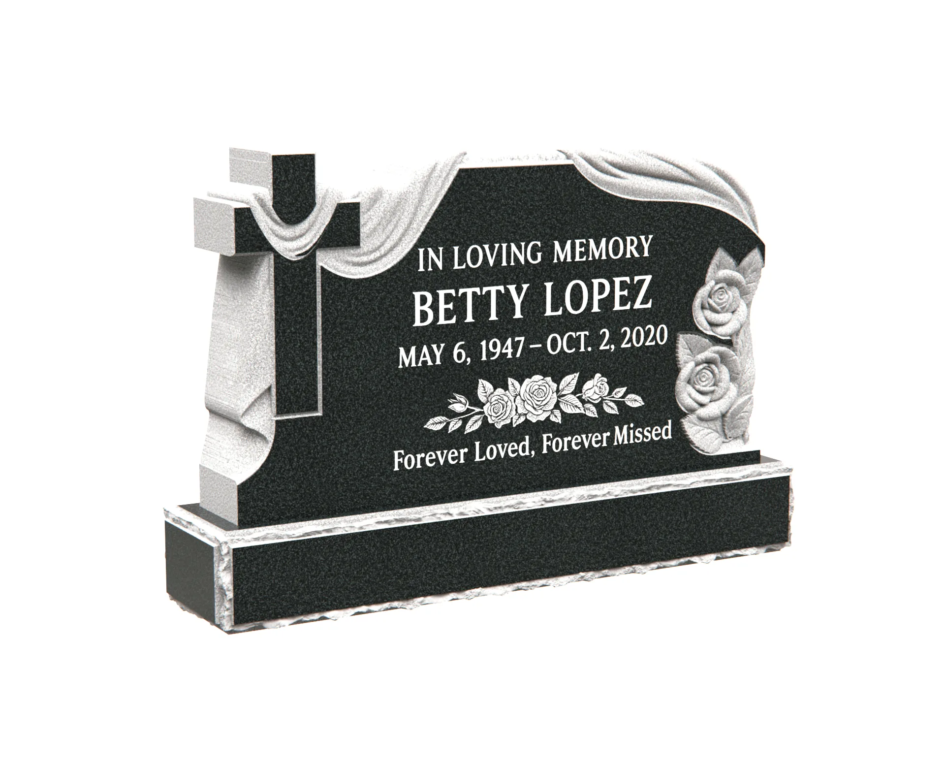 Christian Upright Granite Headstone with Draped Cross and Roses