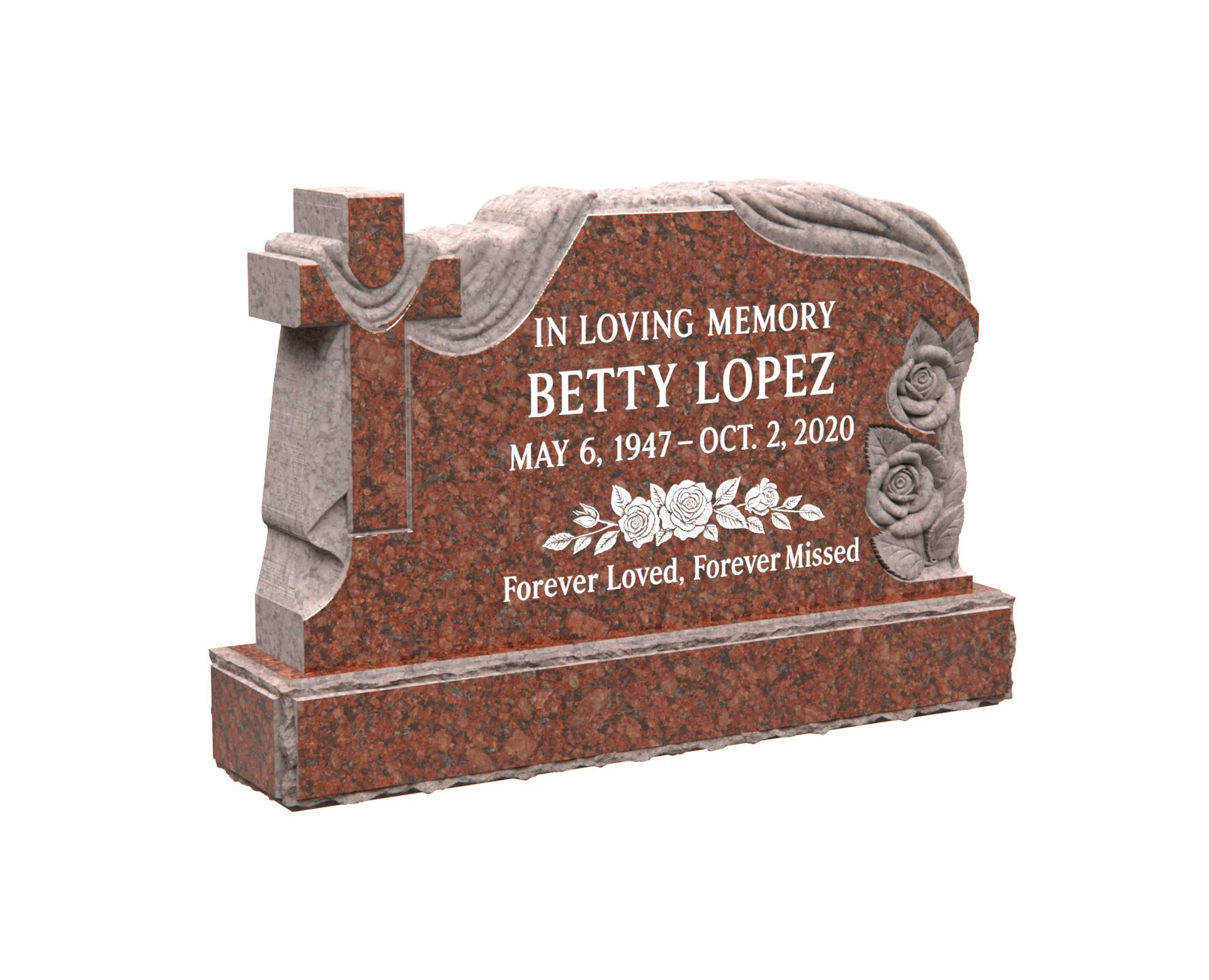 Show photo 3 of 4: Christian Upright Granite Headstone with Draped Cross and Roses