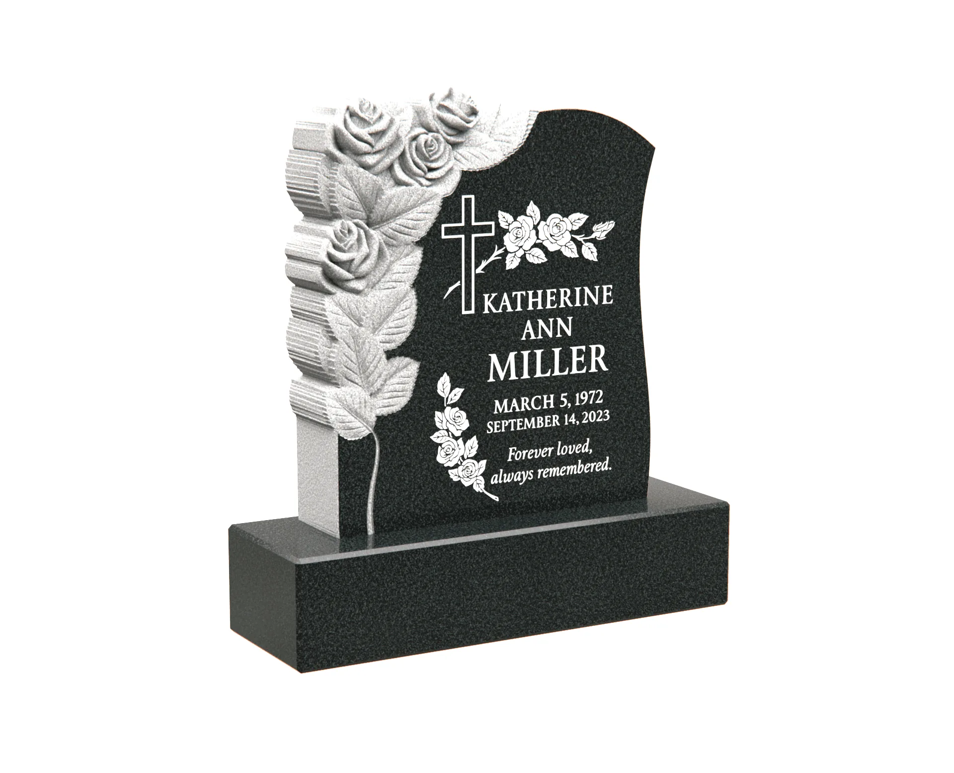 Single Upright Granite Headstone with Carved Roses and Cross