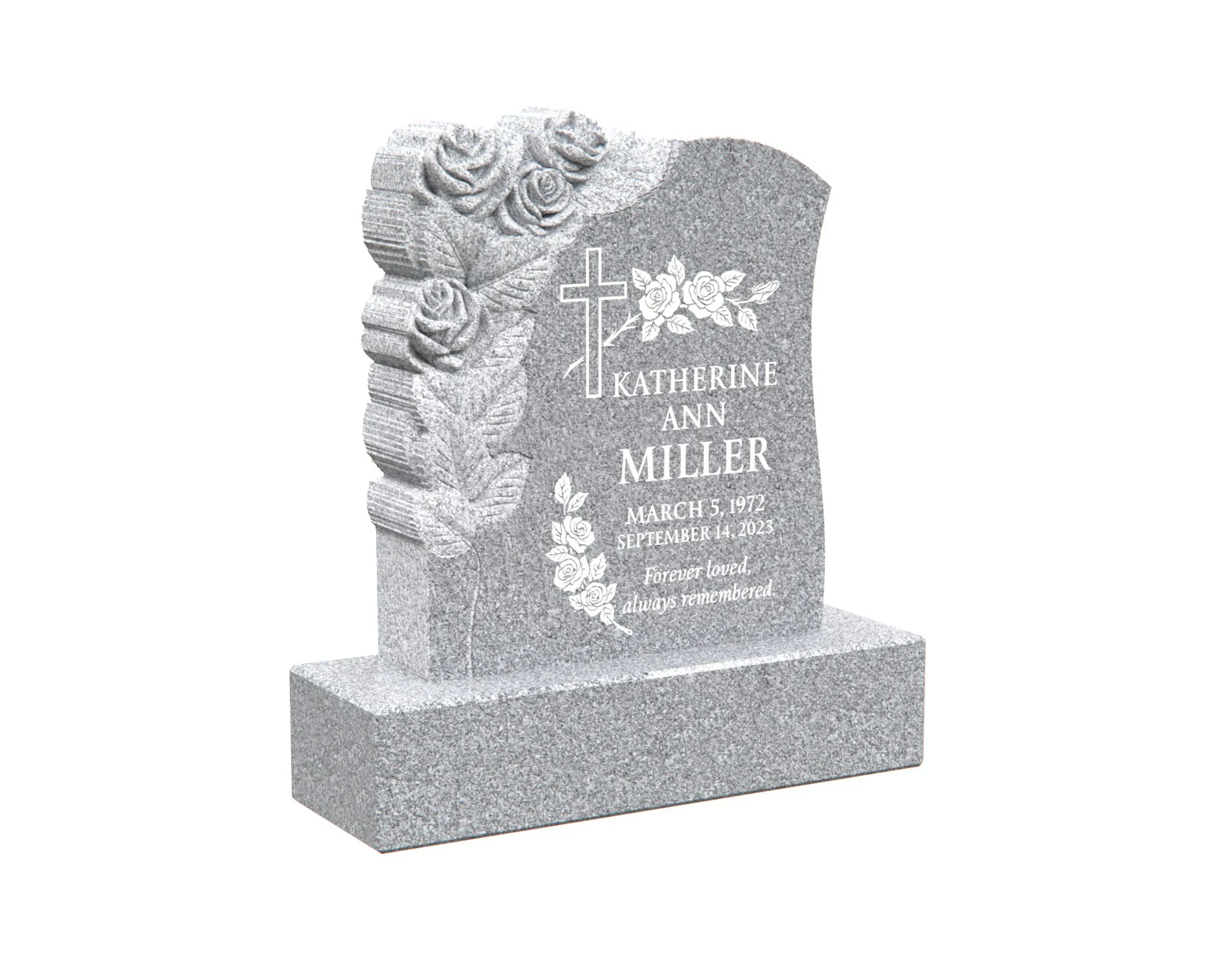 Show photo 2 of 4: Single Upright Granite Headstone with Carved Roses and Cross