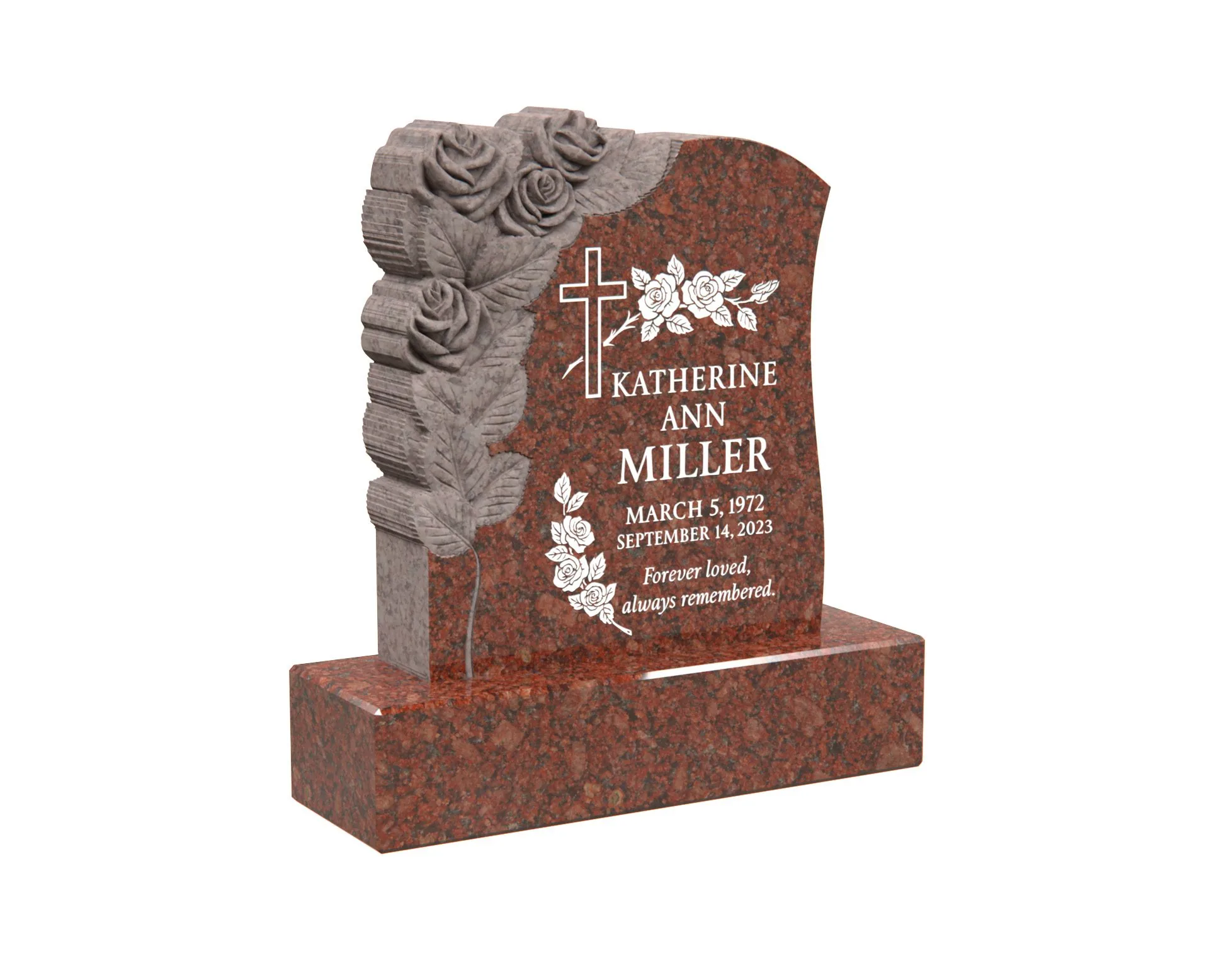 Show photo 3 of 4: Single Upright Granite Headstone with Carved Roses and Cross
