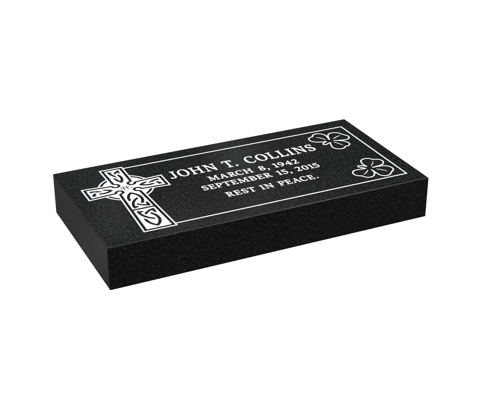 Flat Granite Grave Marker with Celtic Cross and Shamrocks