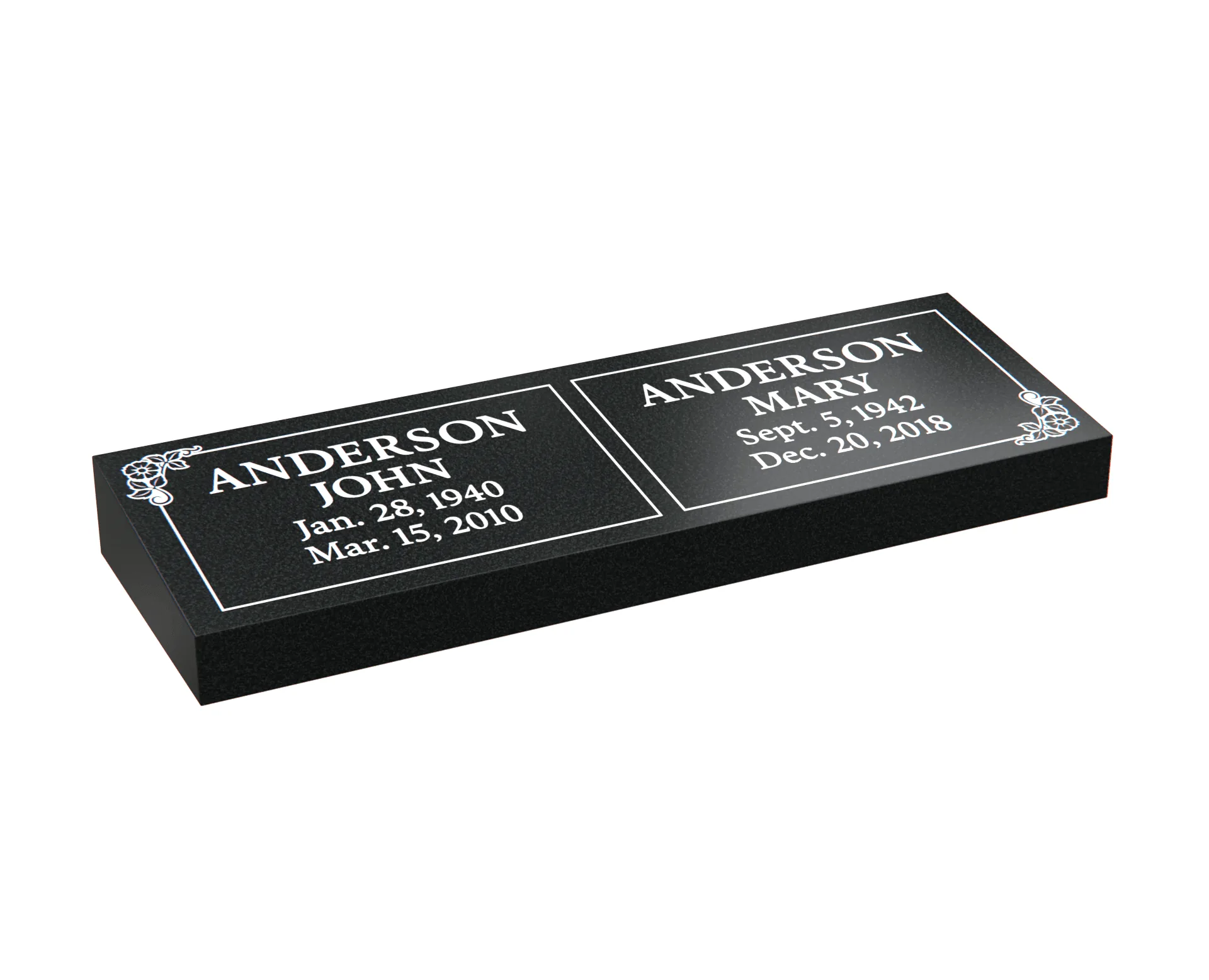 Bevel Granite Companion Headstone with Floral Corners
